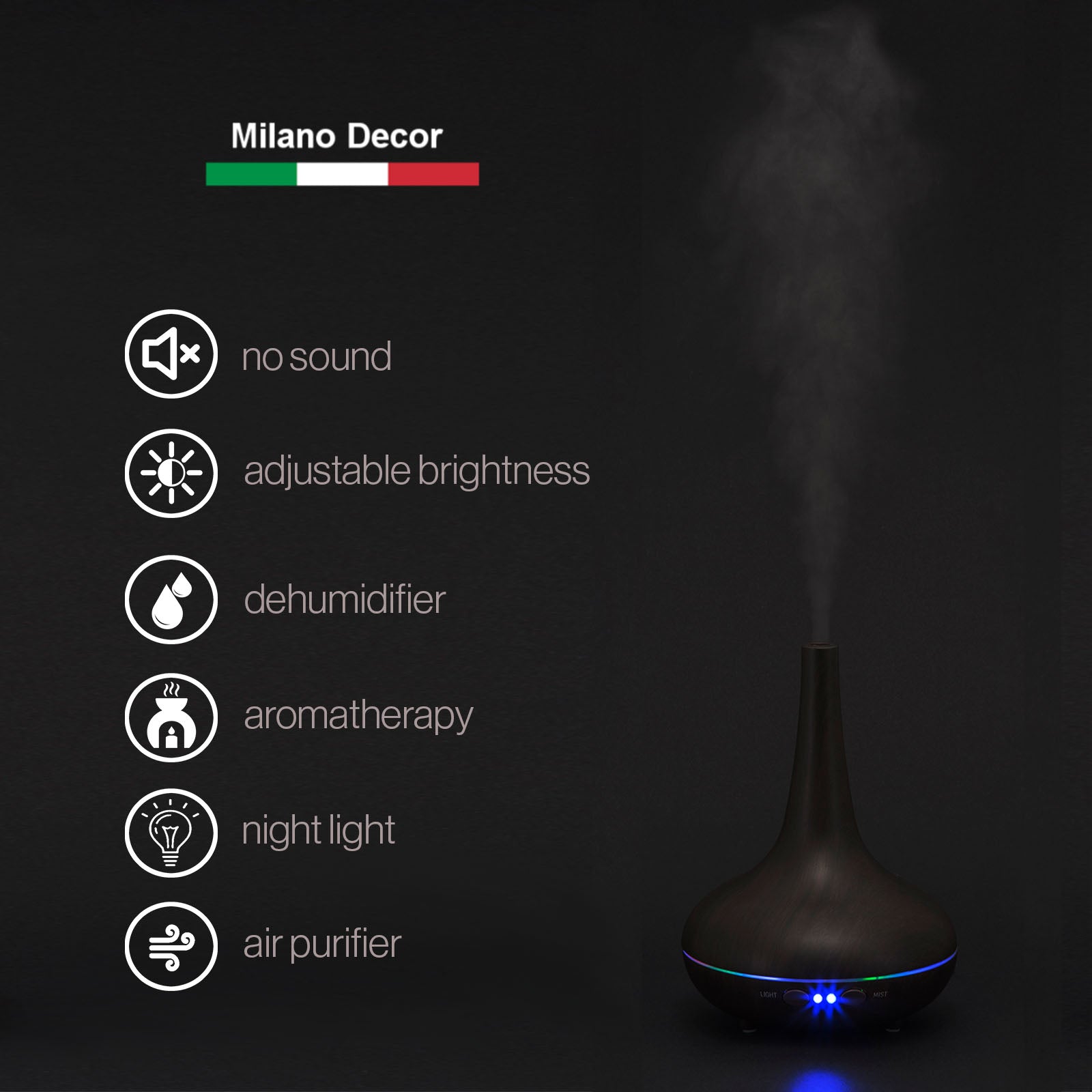 Essential Oil Diffuser Ultrasonic Humidifier Aromatherapy LED Light 200ML 3 Oils - Dark Wood Grain-Aroma Diffusers & Humidifiers-PEROZ Accessories