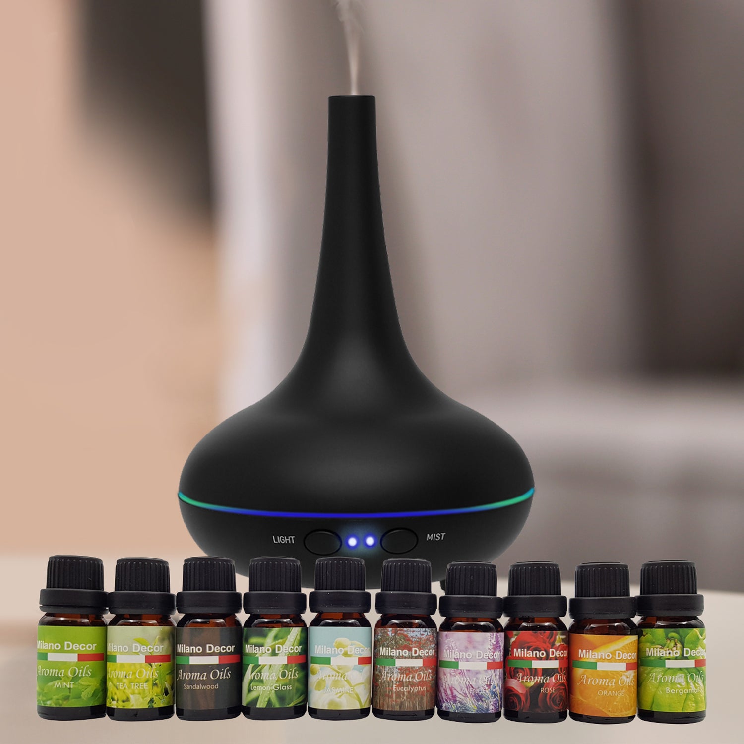 Milano Aroma Diffuser Set With 13 Pack Diffuser Oils Humidifier Aromatherapy - Black-Aroma Diffusers & Humidifiers-PEROZ Accessories