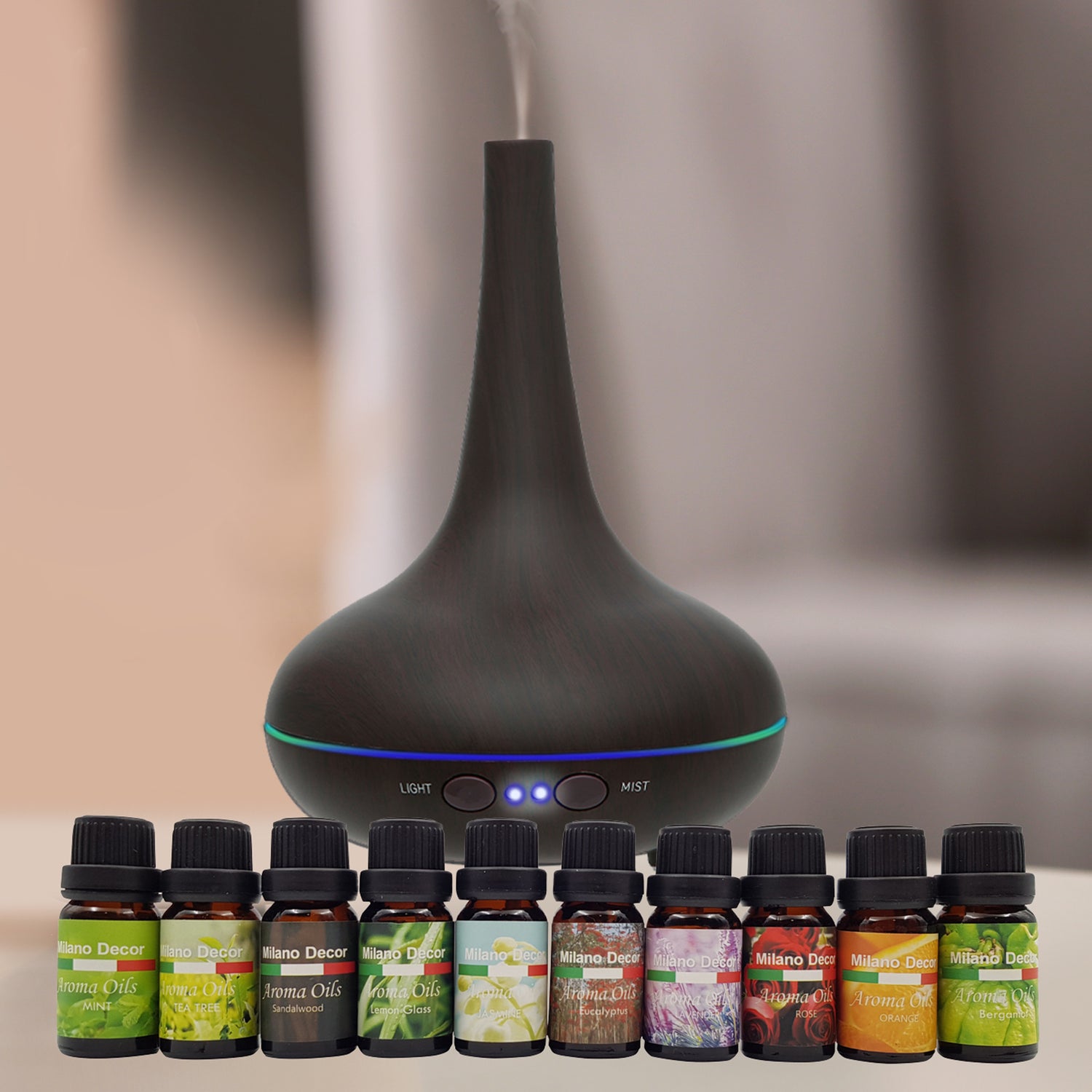 Milano Aroma Diffuser Set With 13 Pack Diffuser Oils Humidifier Aromatherapy - Dark Wood-Aroma Diffusers & Humidifiers-PEROZ Accessories