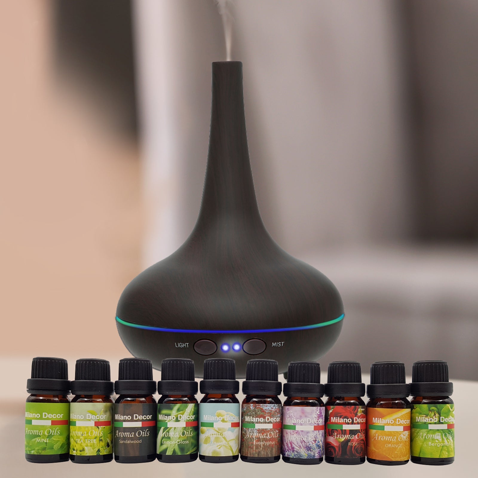 Milano Aroma Diffuser Set With 13 Pack Diffuser Oils Humidifier Aromatherapy - Dark Wood-Aroma Diffusers & Humidifiers-PEROZ Accessories