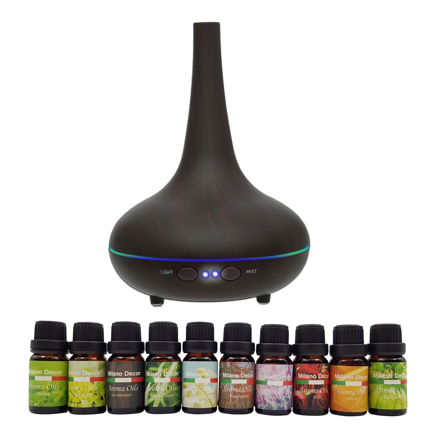 Milano Aroma Diffuser Set With 13 Pack Diffuser Oils Humidifier Aromatherapy - Dark Wood-Aroma Diffusers & Humidifiers-PEROZ Accessories