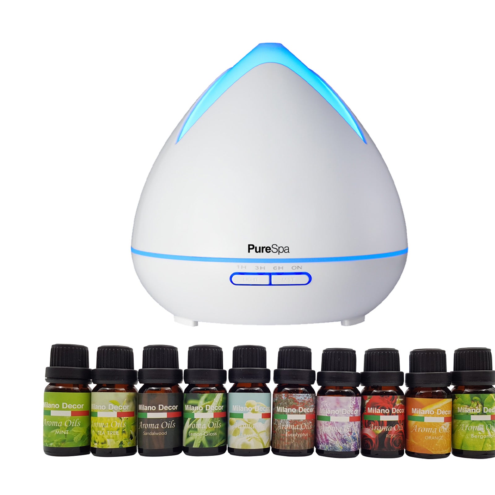 Purespa Diffuser Set With 10 Pack Diffuser Oils Humidifier Aromatherapy - White-Aroma Diffusers & Humidifiers-PEROZ Accessories