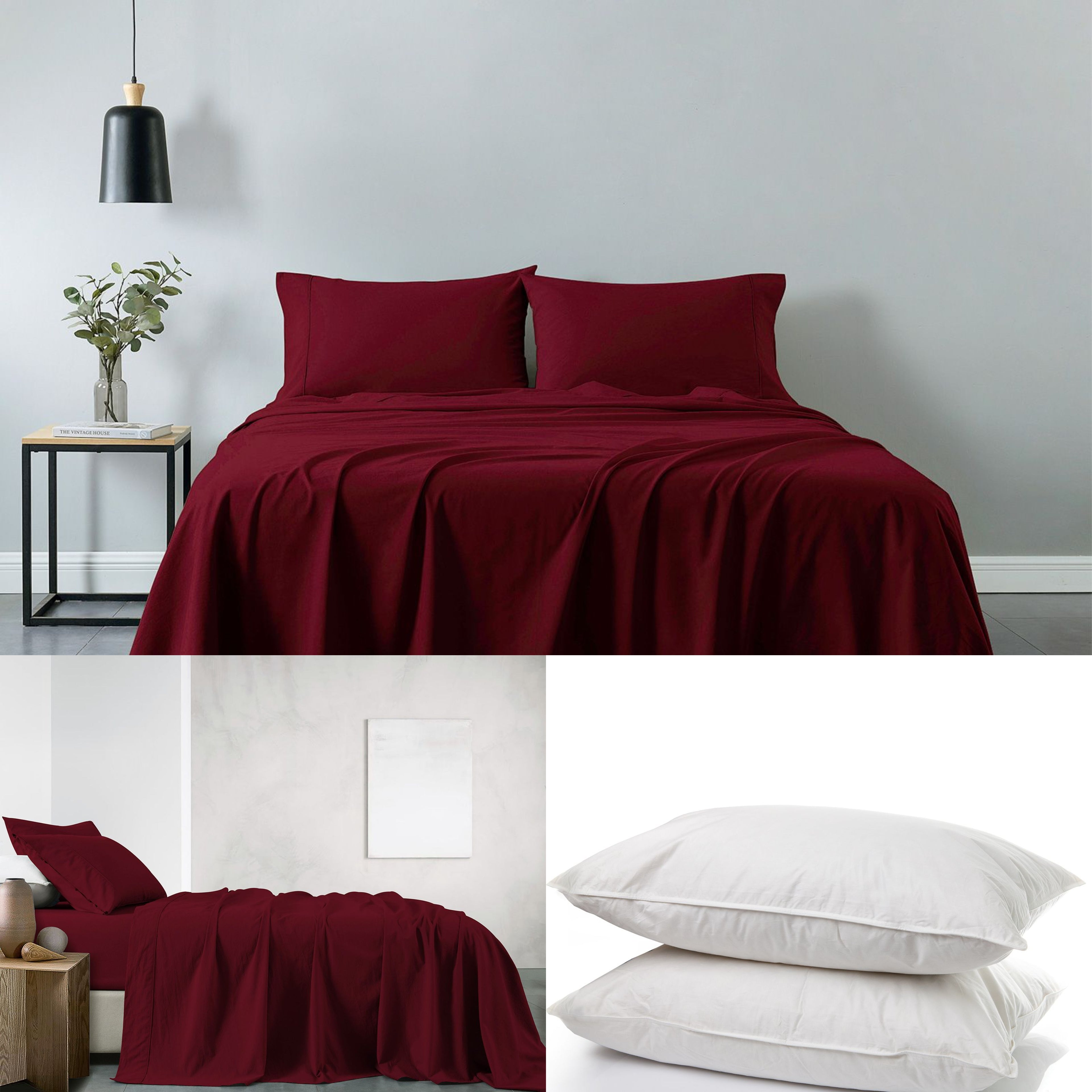 Royal Comfort 100% Cotton Vintage Sheet Set And 2 Duck Feather Down Pillows Set - Single - Mulled Wine-Home & Garden > Bedding-PEROZ Accessories
