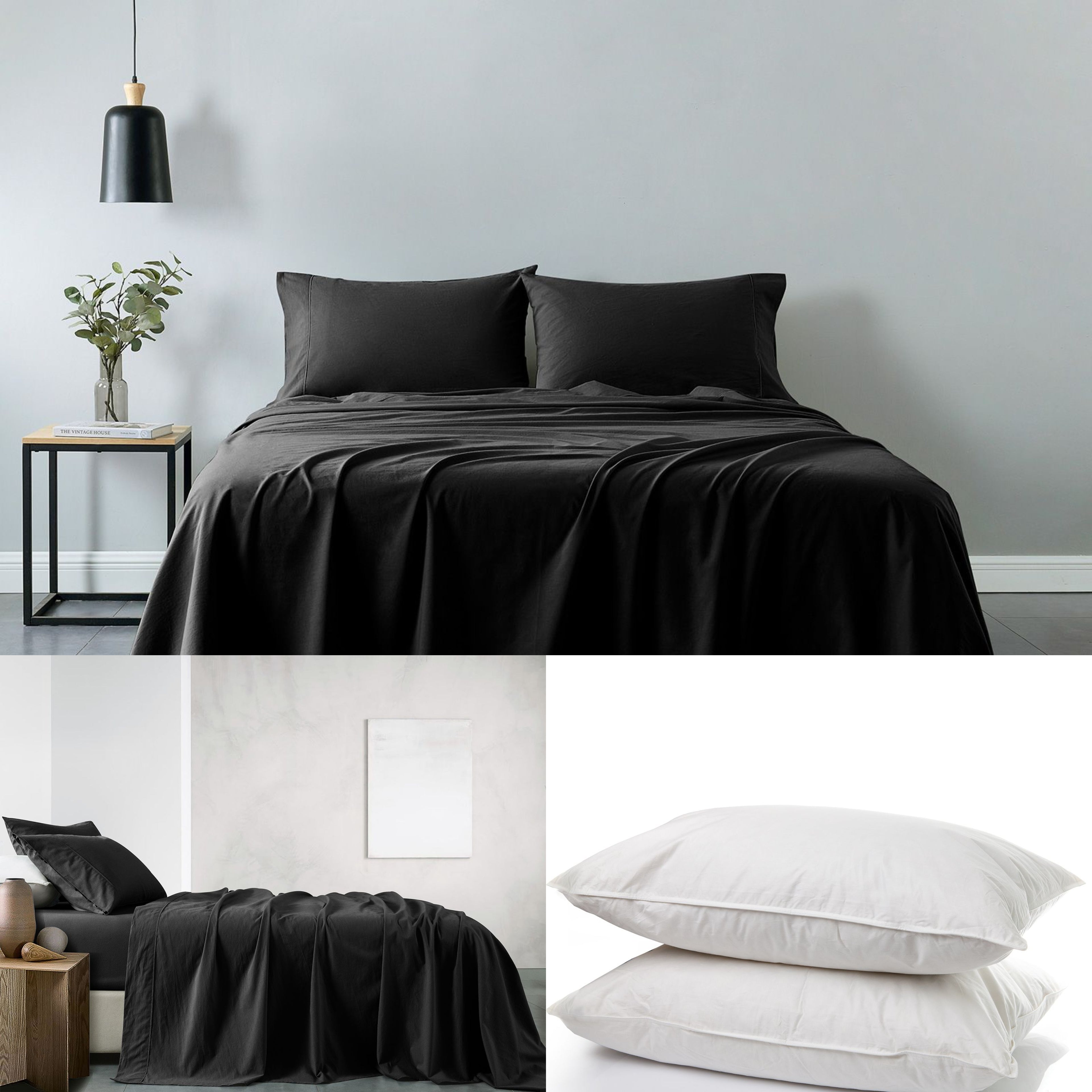 Royal Comfort 100% Cotton Vintage Sheet Set And 2 Duck Feather Down Pillows Set - Queen - Charcoal-Home & Garden > Bedding-PEROZ Accessories