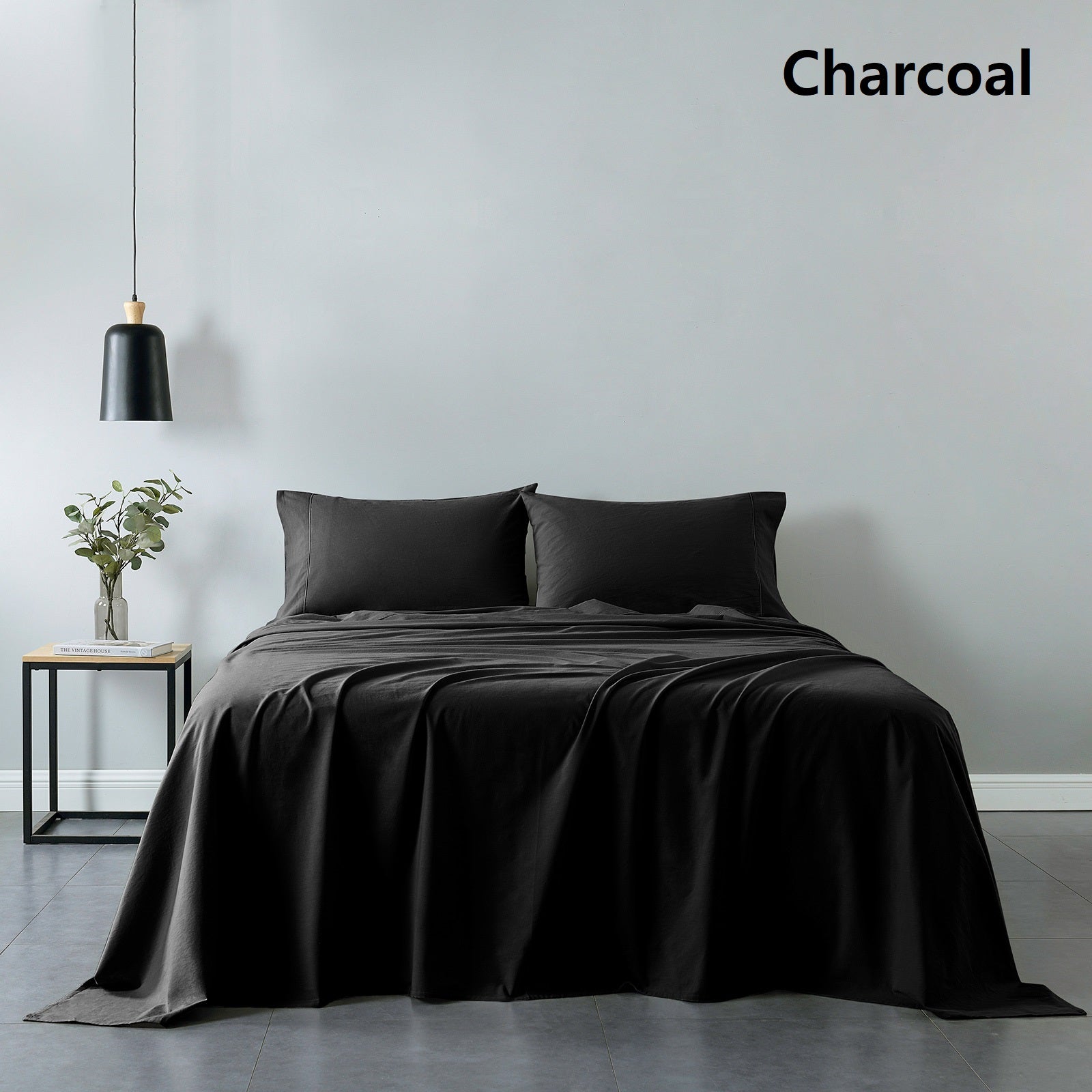 Royal Comfort 100% Cotton Vintage Sheet Set And 2 Duck Feather Down Pillows Set - King - Charcoal-Home & Garden > Bedding-PEROZ Accessories