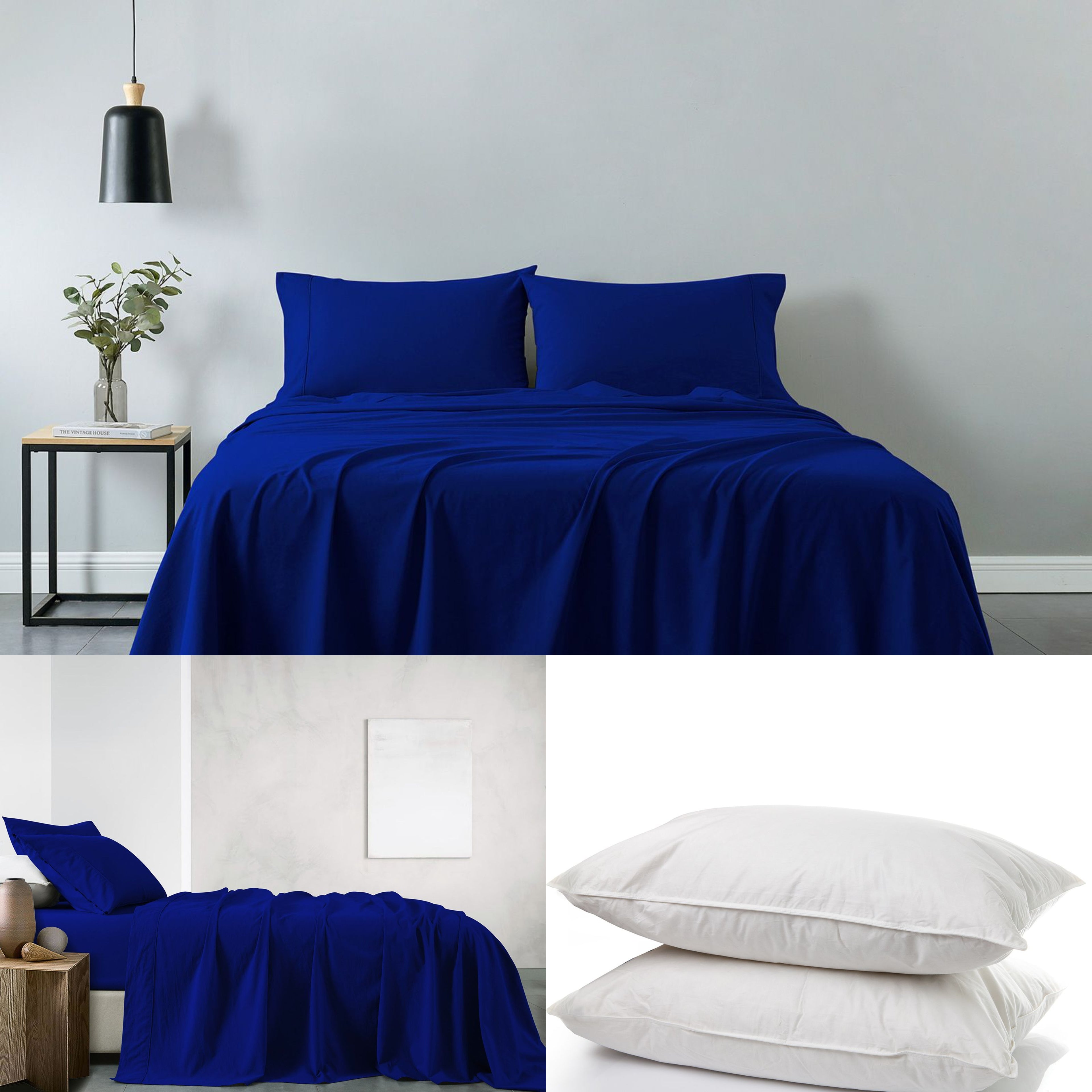Royal Comfort 100% Cotton Vintage Sheet Set And 2 Duck Feather Down Pillows Set - King - Royal Blue-Home & Garden > Bedding-PEROZ Accessories