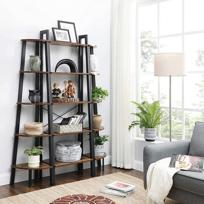 Rustic Brown Metal Frame 5 Tier Corner Shelf-Bookcases &amp; Shelves-PEROZ Accessories