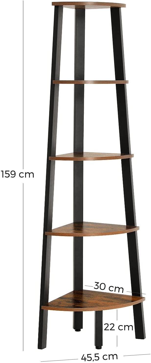 Rustic Brown Metal Frame 5 Tier Corner Shelf-Bookcases &amp; Shelves-PEROZ Accessories