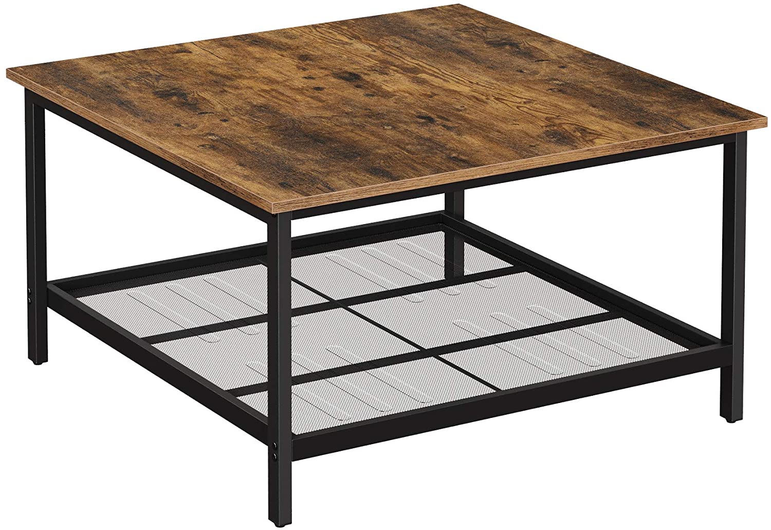 Robust Coffee Table Steel Frame and Mesh Storage Shelf, Rustic Brown and Black-Furniture > Living Room-PEROZ Accessories