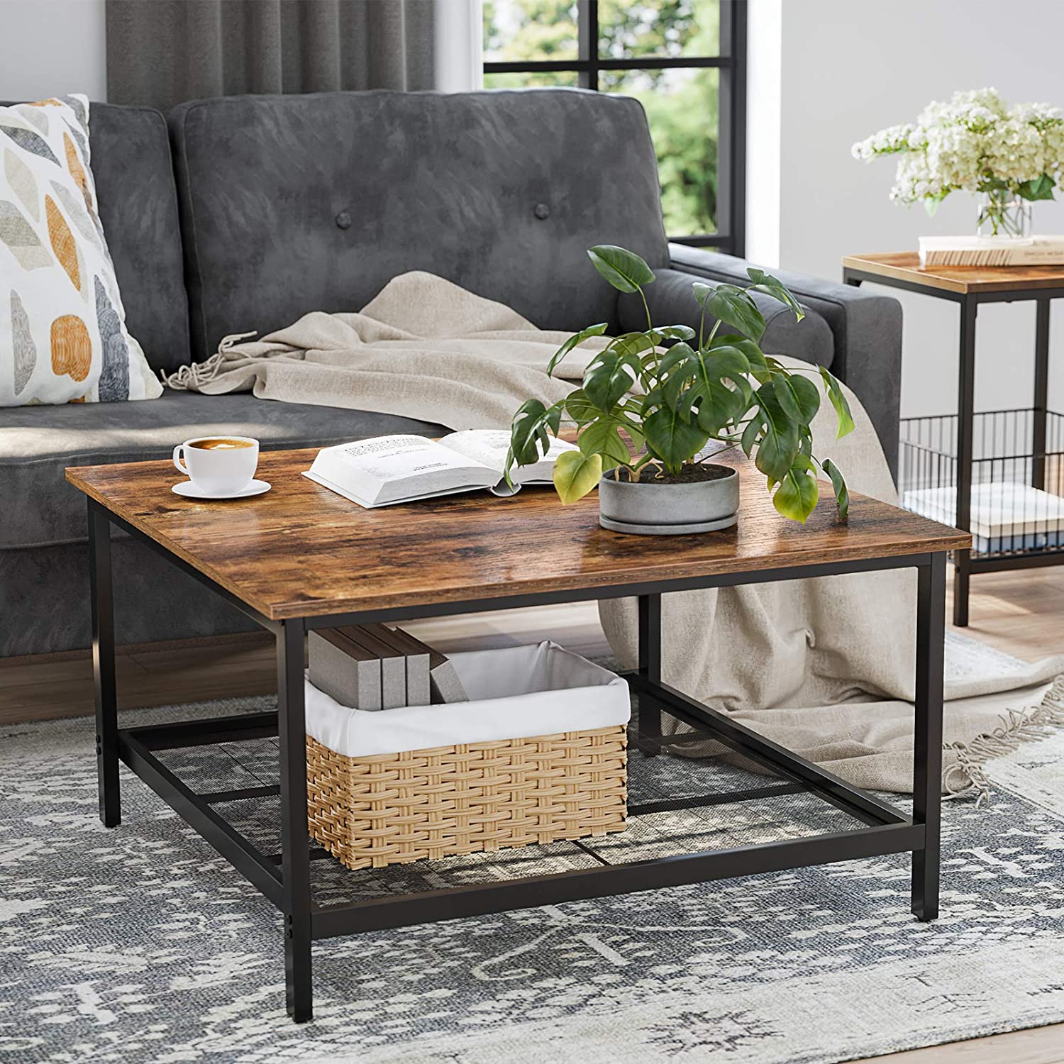 Robust Coffee Table Steel Frame and Mesh Storage Shelf, Rustic Brown and Black-Furniture > Living Room-PEROZ Accessories