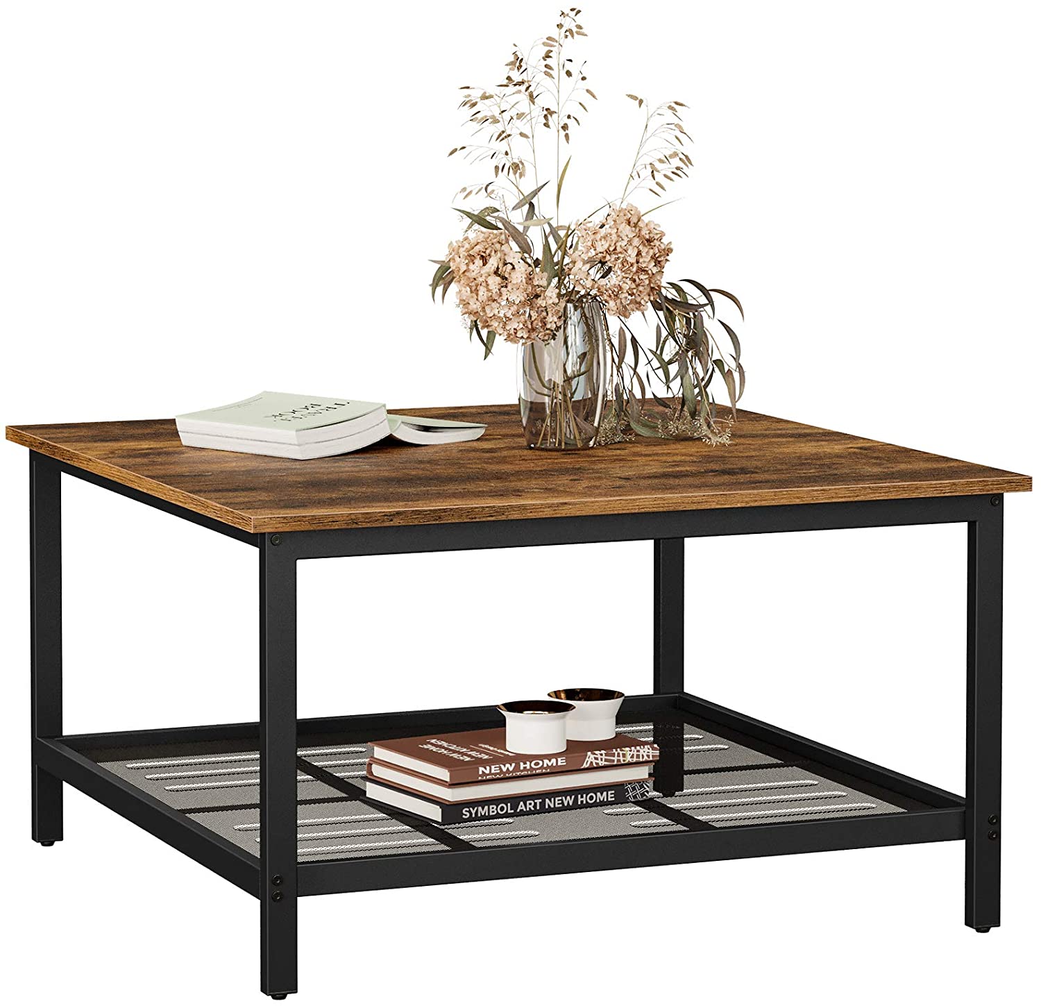 Robust Coffee Table Steel Frame and Mesh Storage Shelf, Rustic Brown and Black-Furniture > Living Room-PEROZ Accessories