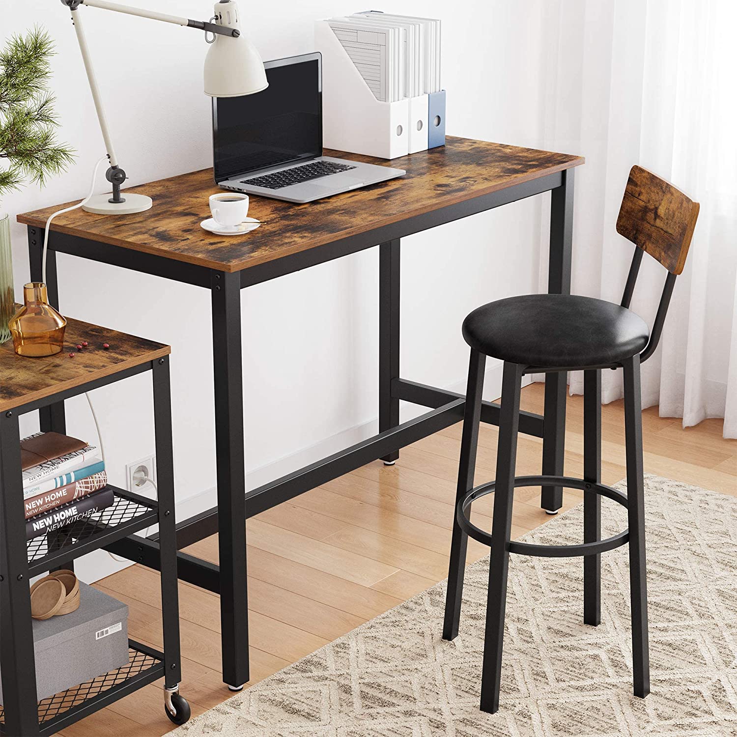 Bar Table with Solid Metal Frame and Wood Look, 120 x 60 x 90 cm-Furniture > Living Room-PEROZ Accessories