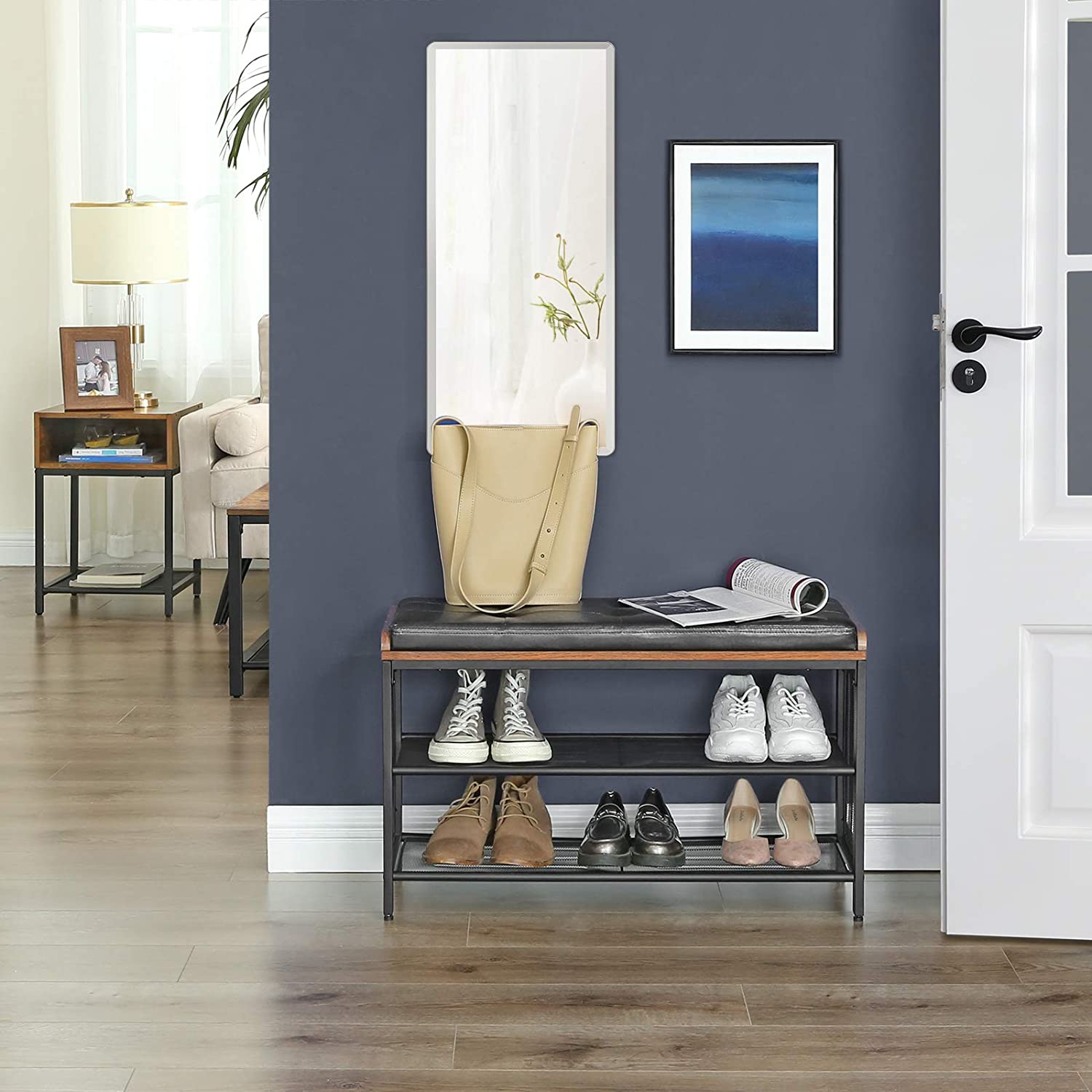 Shoe Bench with Mesh Shelf and Faux Leather Vintage Brown Black 80 x 30 x 48 cm-Furniture > Living Room-PEROZ Accessories
