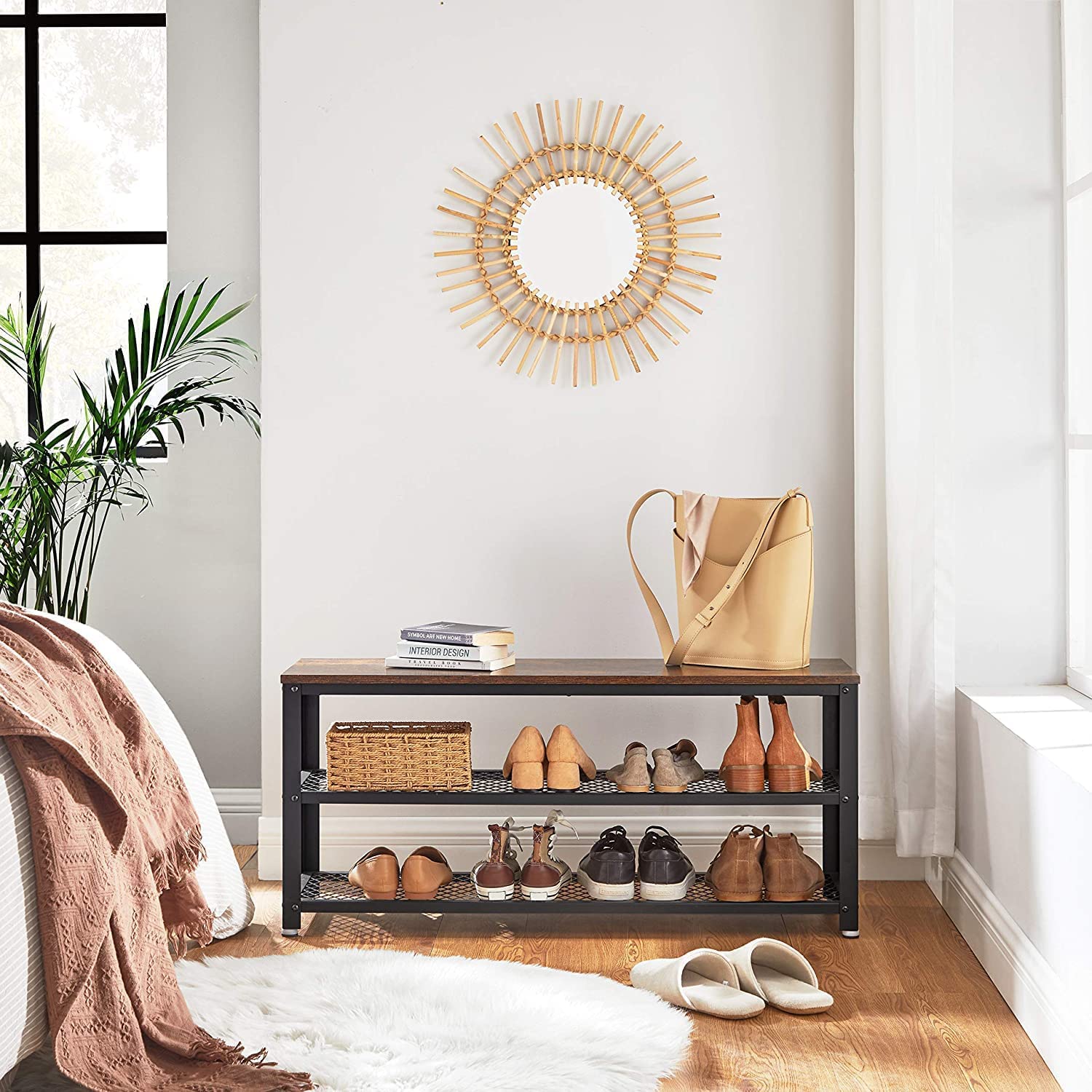Shoe Rack with 2 Shelves 100 x 30 x 45 cm Rustic Brown and Black-Furniture > Living Room-PEROZ Accessories