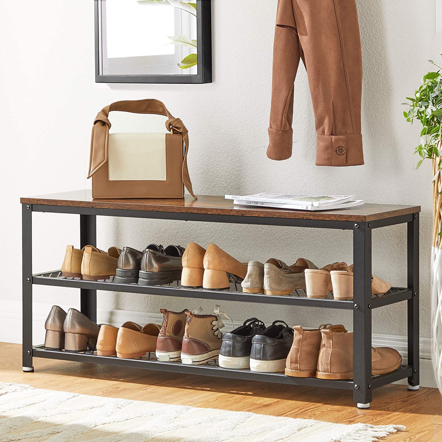 Shoe Rack with 2 Shelves 100 x 30 x 45 cm Rustic Brown and Black-Furniture > Living Room-PEROZ Accessories