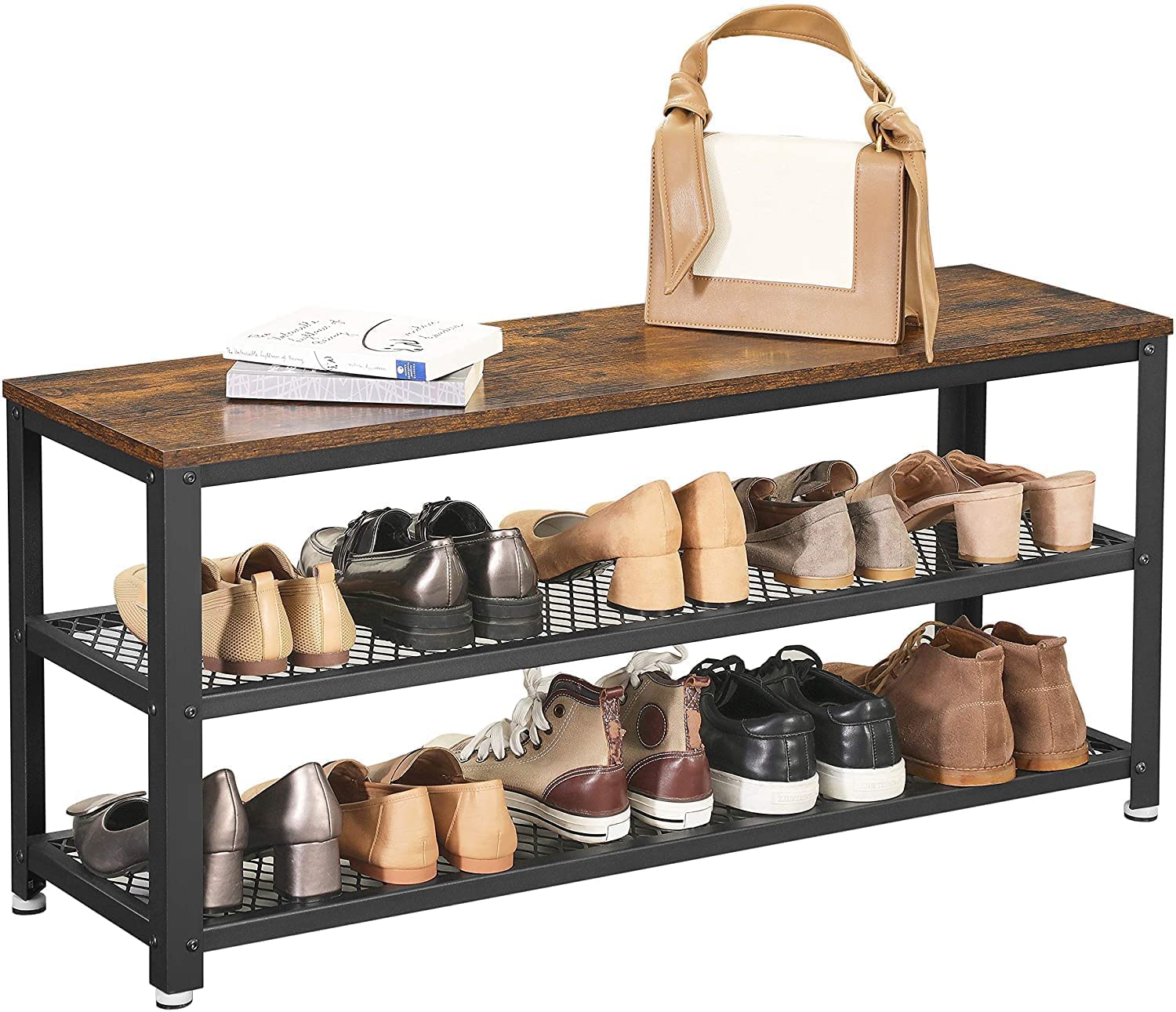 Shoe Rack with 2 Shelves 100 x 30 x 45 cm Rustic Brown and Black-Furniture > Living Room-PEROZ Accessories