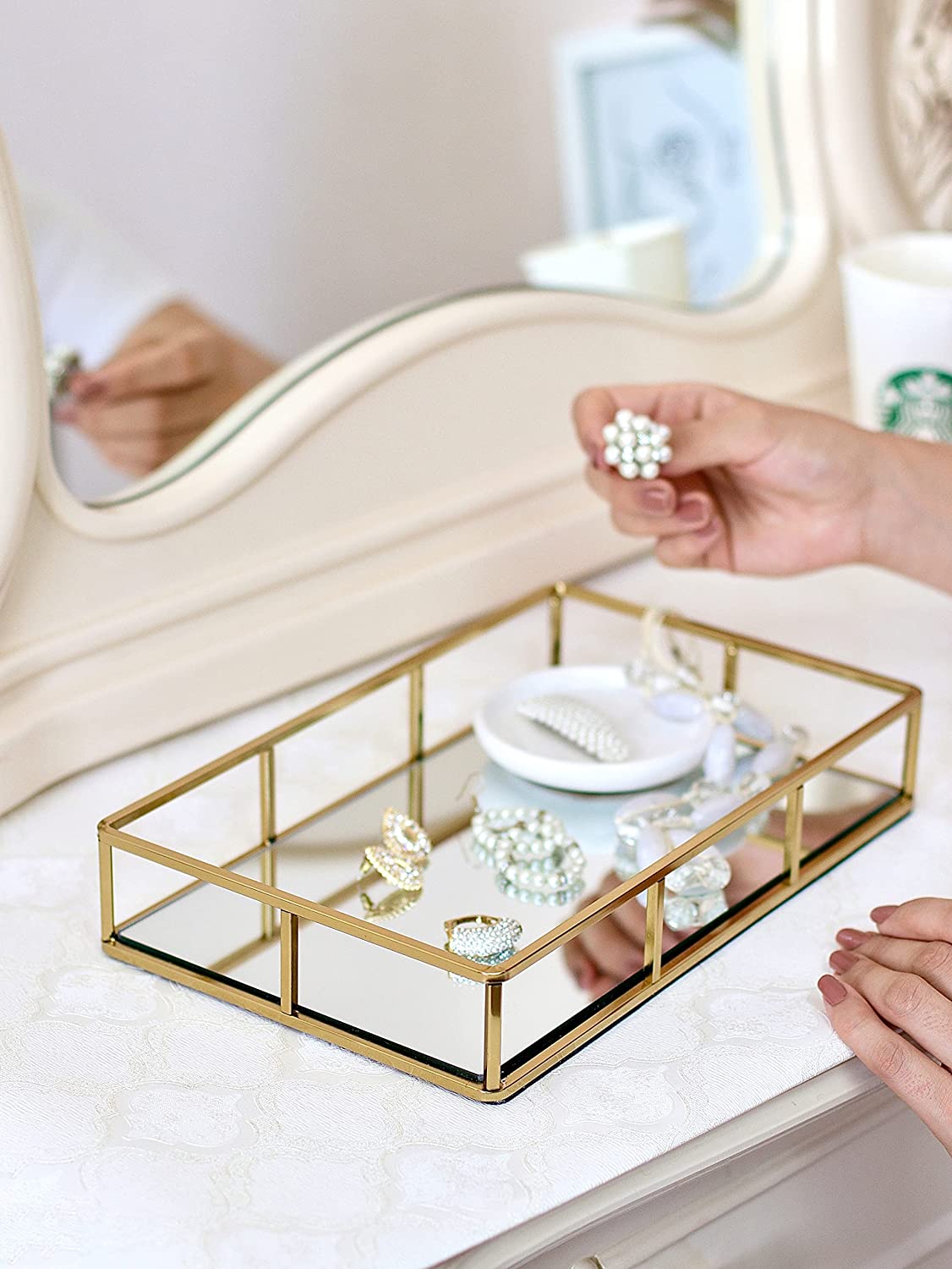 Tray Gold Mirror Decorative for Storage Jewelry and Makeup accessories-Health & Beauty > Makeup Mirrors-PEROZ Accessories