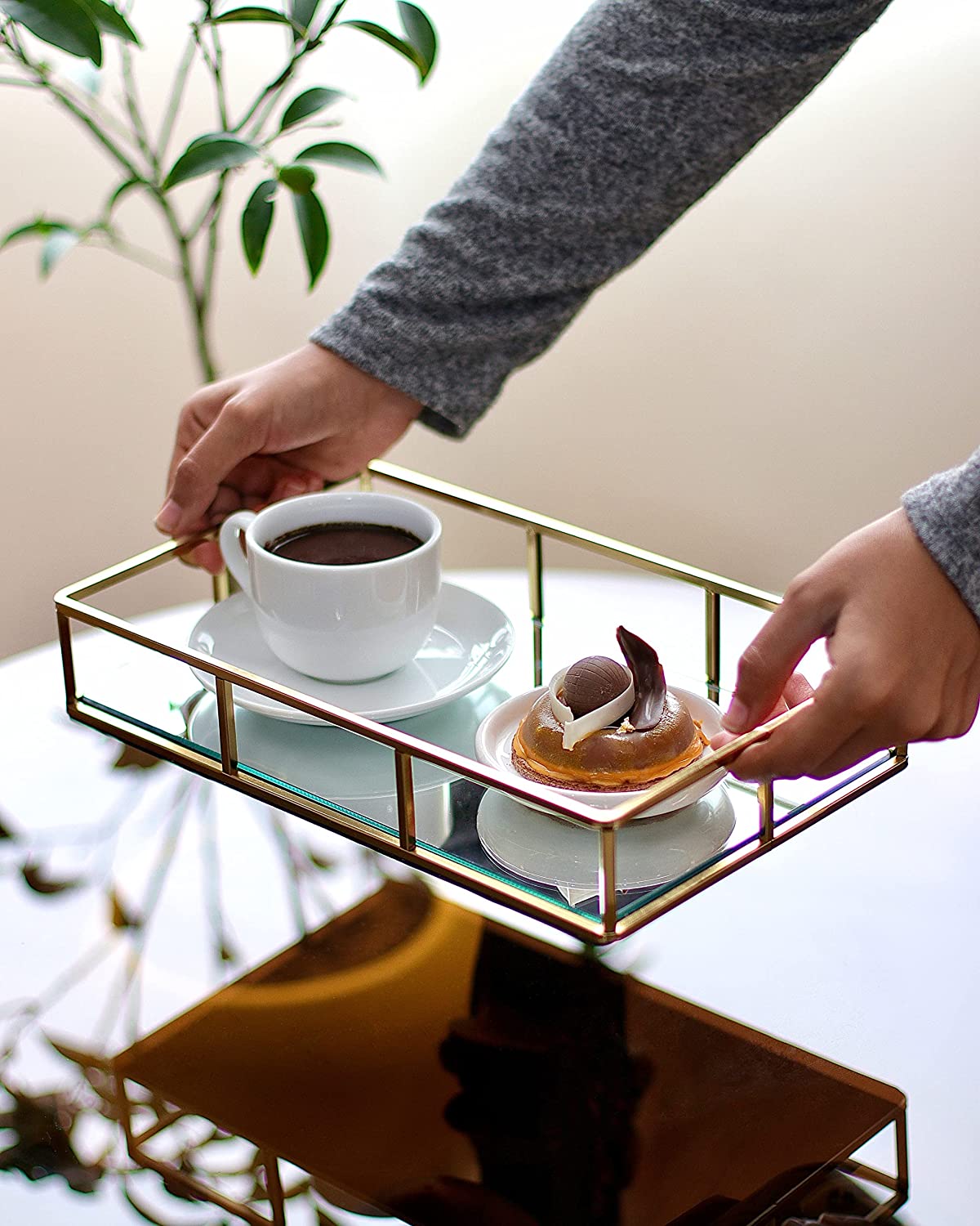 Tray Gold Mirror Decorative for Storage Jewelry and Makeup accessories-Health & Beauty > Makeup Mirrors-PEROZ Accessories