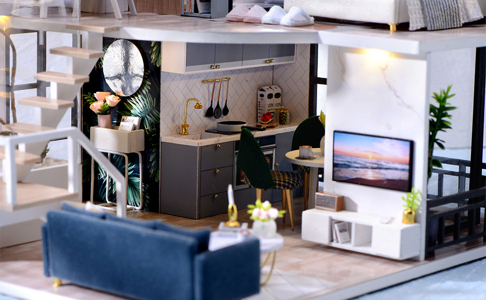 Dollhouse Miniature with Furniture Kit Plus Dust Proof and Music Movement - Cozy time (Valentine&