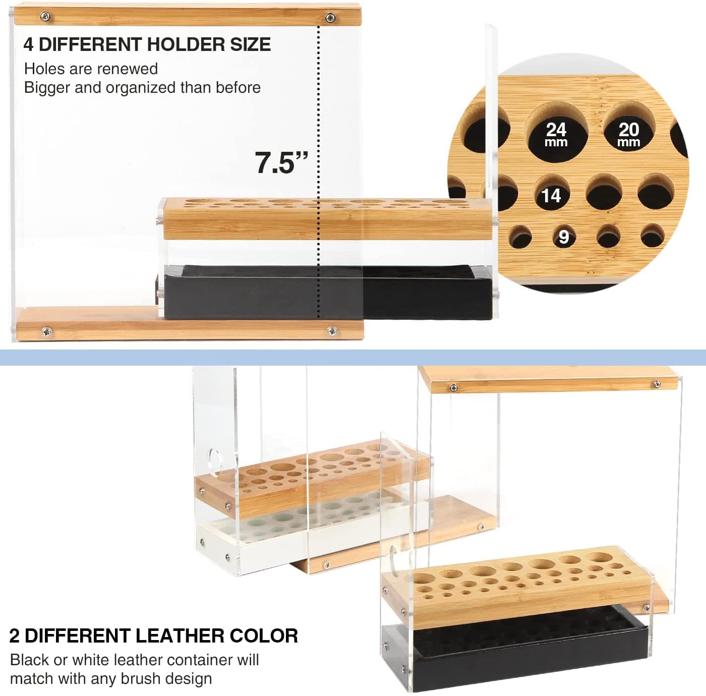 31 Holes Acrylic Bamboo Brush Holder Organiser Beauty Cosmetic Display Stand with Leather Drawer Black (22.3 x 8.6 x 21.5 cm)-Health & Beauty > Cosmetic Storage-PEROZ Accessories