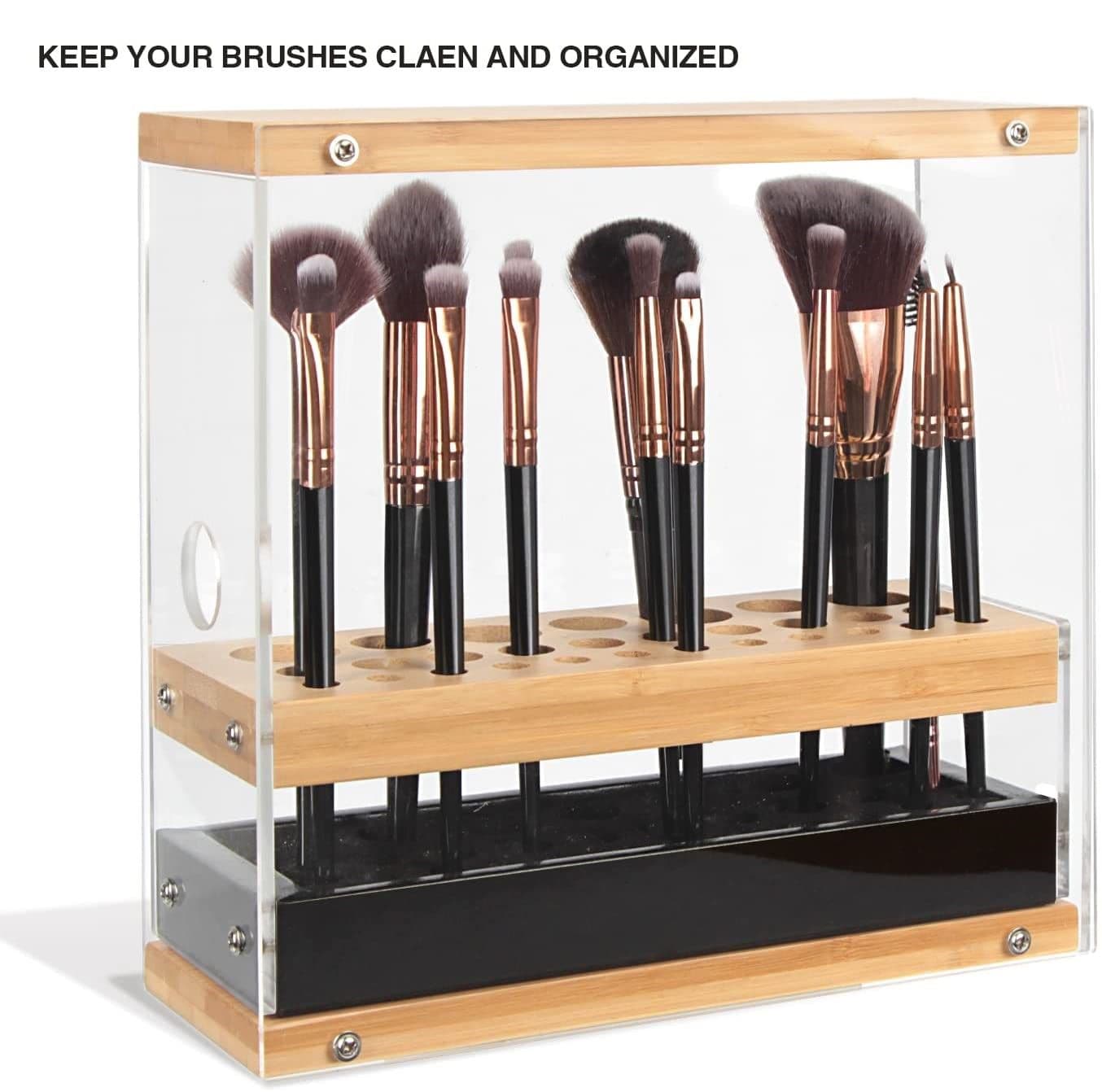 31 Holes Acrylic Bamboo Brush Holder Organiser Beauty Cosmetic Display Stand with Leather Drawer Black (22.3 x 8.6 x 21.5 cm)-Health & Beauty > Cosmetic Storage-PEROZ Accessories