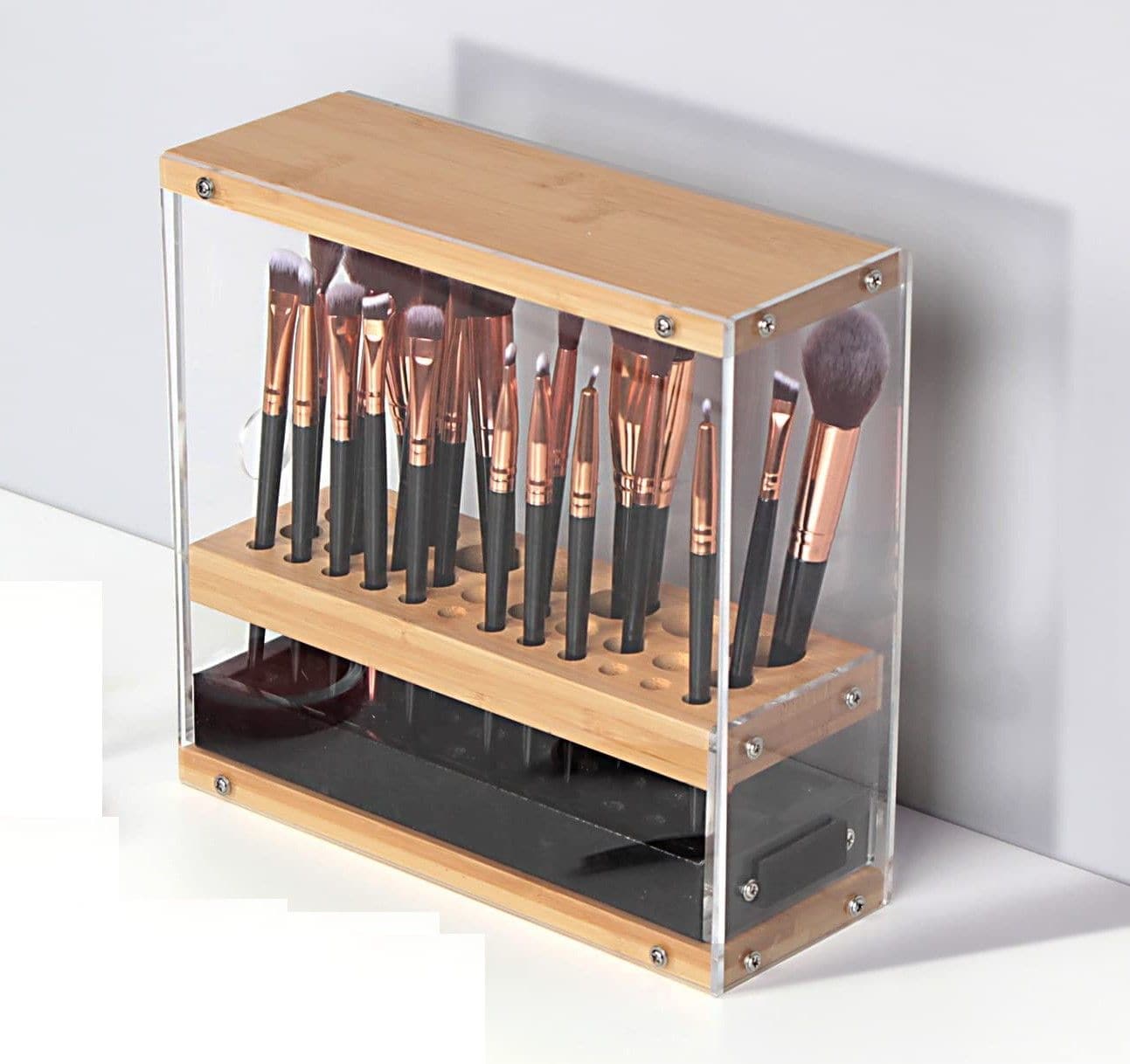31 Holes Acrylic Bamboo Brush Holder Organiser Beauty Cosmetic Display Stand with Leather Drawer Black (22.3 x 8.6 x 21.5 cm)-Health & Beauty > Cosmetic Storage-PEROZ Accessories
