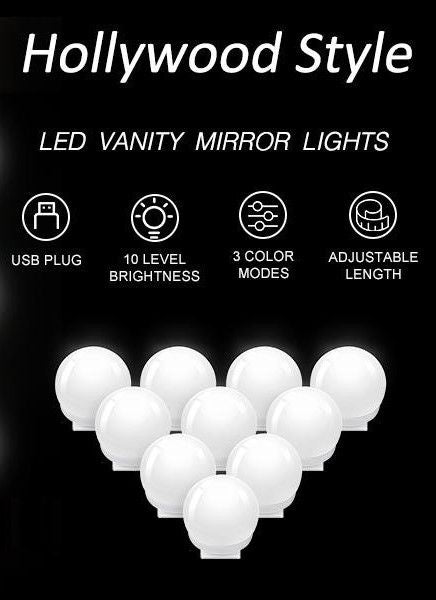 Hollywood Vanity Style LED Makeup Lights Mirror with 3 Color Modes Lights with 10 Dimmable Bulbs (Mirror Not Include)-Makeup Mirrors-PEROZ Accessories