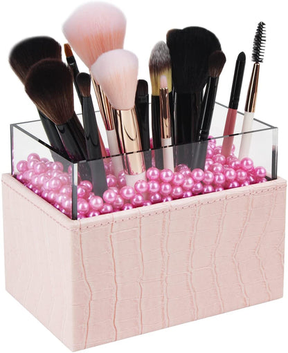 Leather Makeup Brush Cosmetic Organiser Storage Box with Pink Pearls and Acrylic Cover (Pink)-Health &amp; Beauty &gt; Cosmetic Storage-PEROZ Accessories