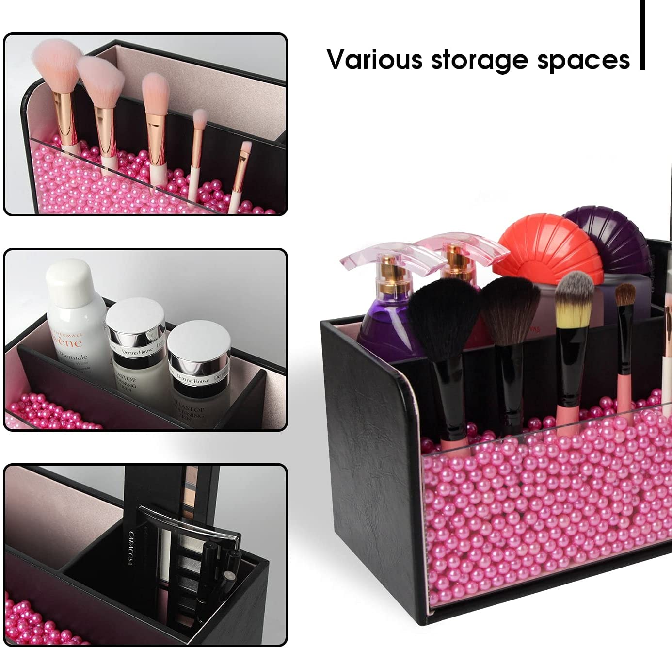 Leather Makeup Brush Cosmetic Organiser Storage Box with Pink Pearls, Acrylic Cover and 3 Compartments(Black)-Health & Beauty > Cosmetic Storage-PEROZ Accessories