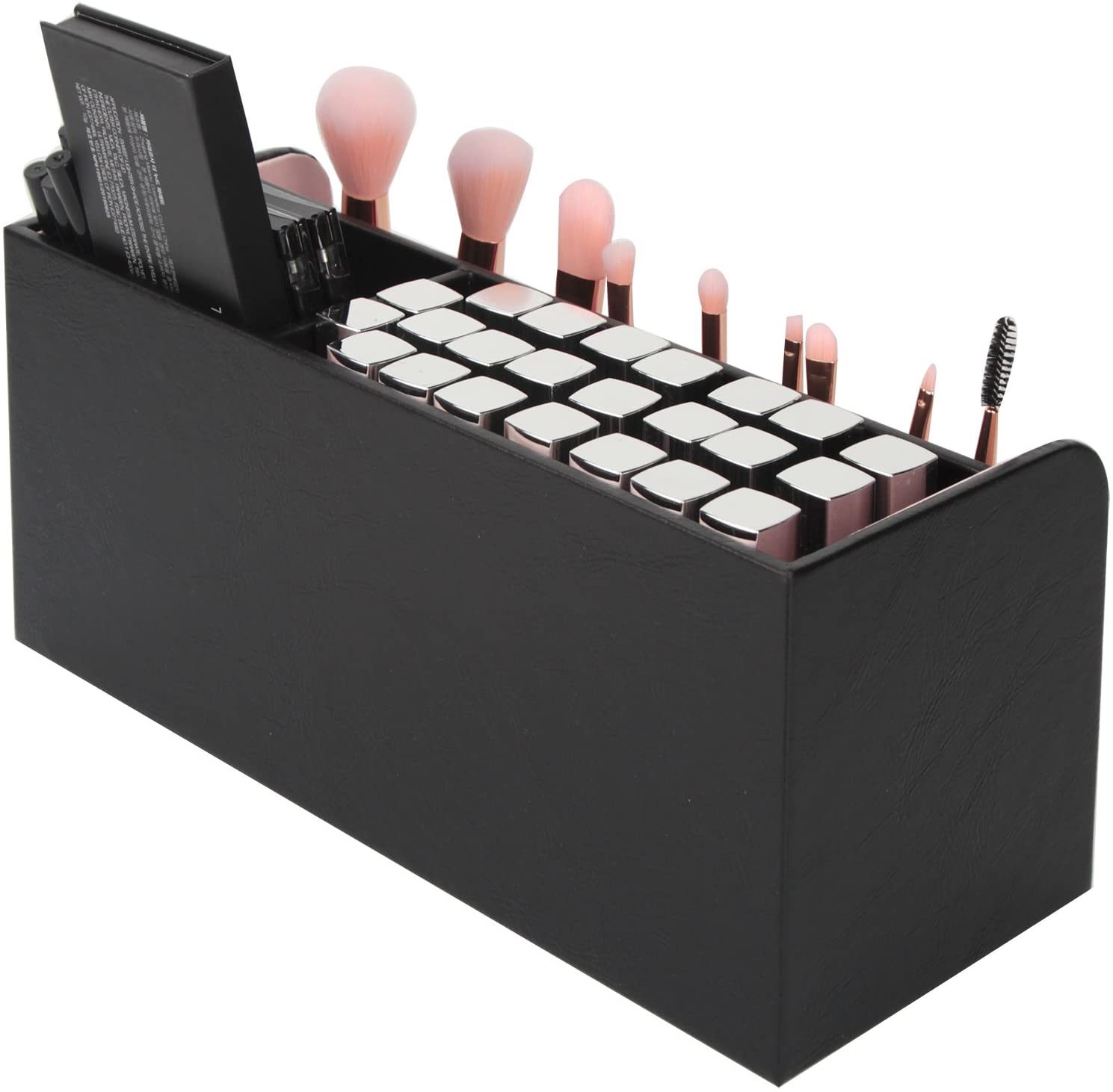 Leather Makeup Brush Cosmetic Organiser Storage Box with Pink Pearls, Acrylic Cover and 3 Compartments(Black)-Health & Beauty > Cosmetic Storage-PEROZ Accessories