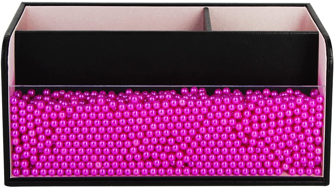 Leather Makeup Brush Cosmetic Organiser Storage Box with Pink Pearls, Acrylic Cover and 3 Compartments(Black)-Health & Beauty > Cosmetic Storage-PEROZ Accessories