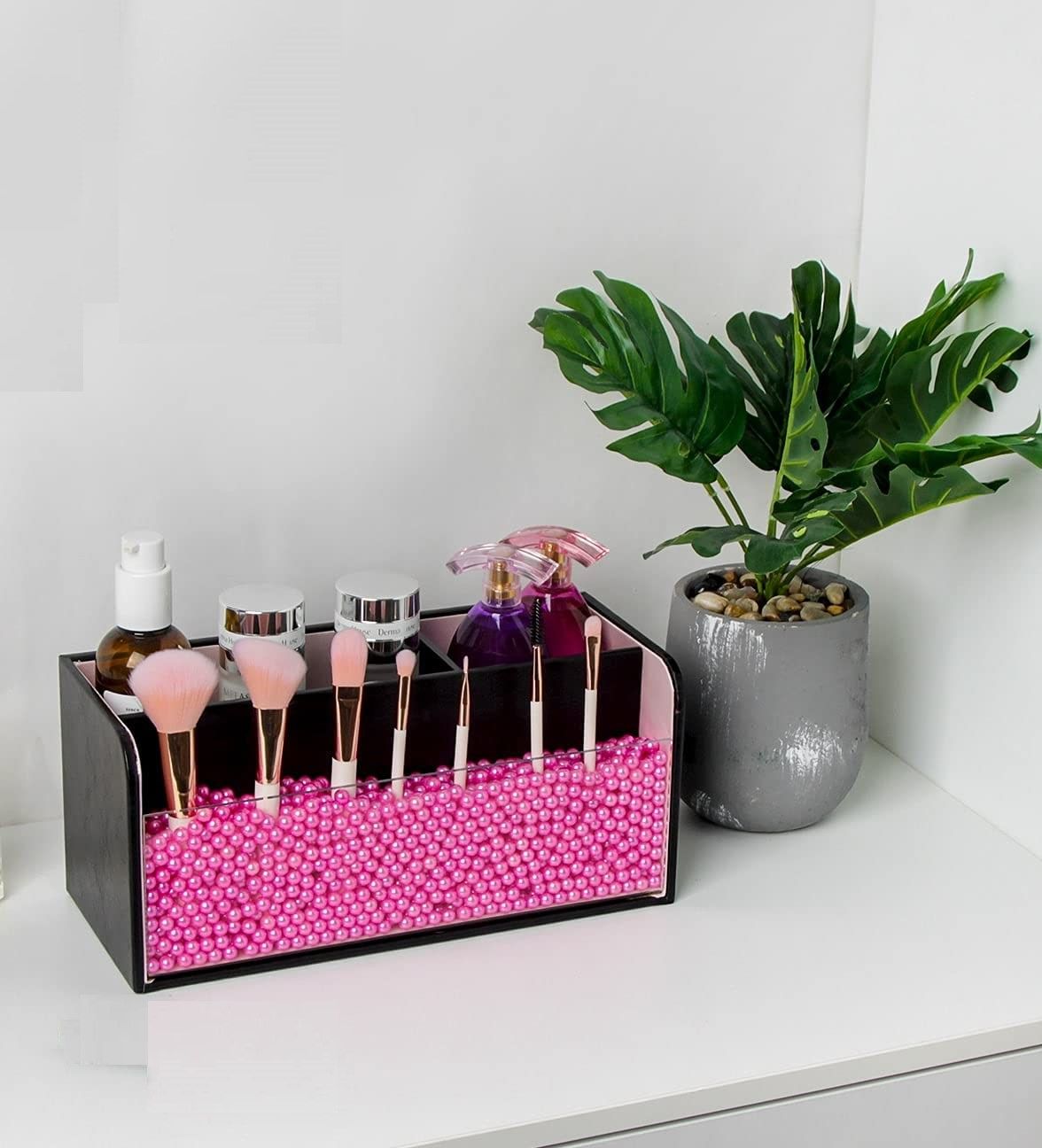 Leather Makeup Brush Cosmetic Organiser Storage Box with Pink Pearls, Acrylic Cover and 3 Compartments(Black)-Health & Beauty > Cosmetic Storage-PEROZ Accessories