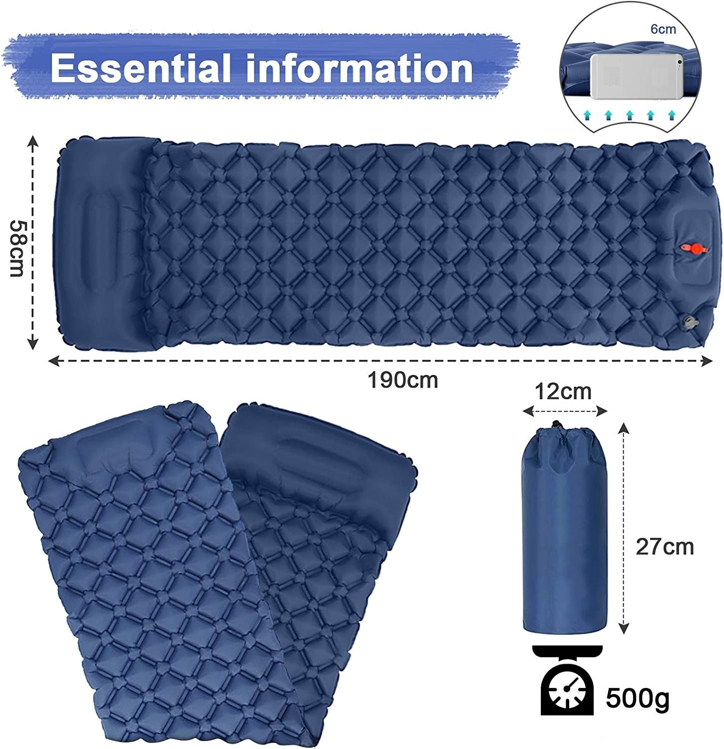 Ultralight Inflatable Camping Sleeping Pad with Pillow for Travelling and Hiking-Home & Garden > Inflatable Mattress-PEROZ Accessories