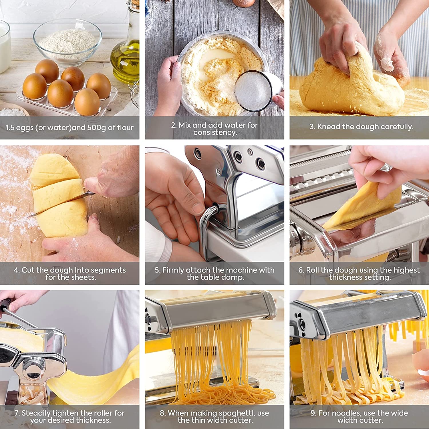 Pasta Maker Manual Steel Machine with 8 Adjustable Thickness Settings-Appliances > Kitchen Appliances-PEROZ Accessories