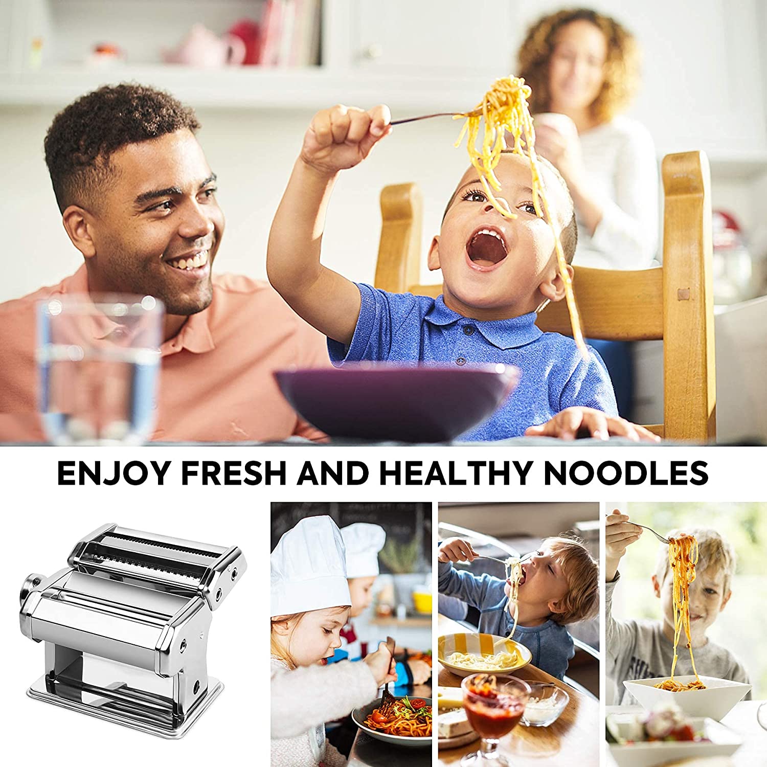 Pasta Maker Manual Steel Machine with 8 Adjustable Thickness Settings-Appliances > Kitchen Appliances-PEROZ Accessories