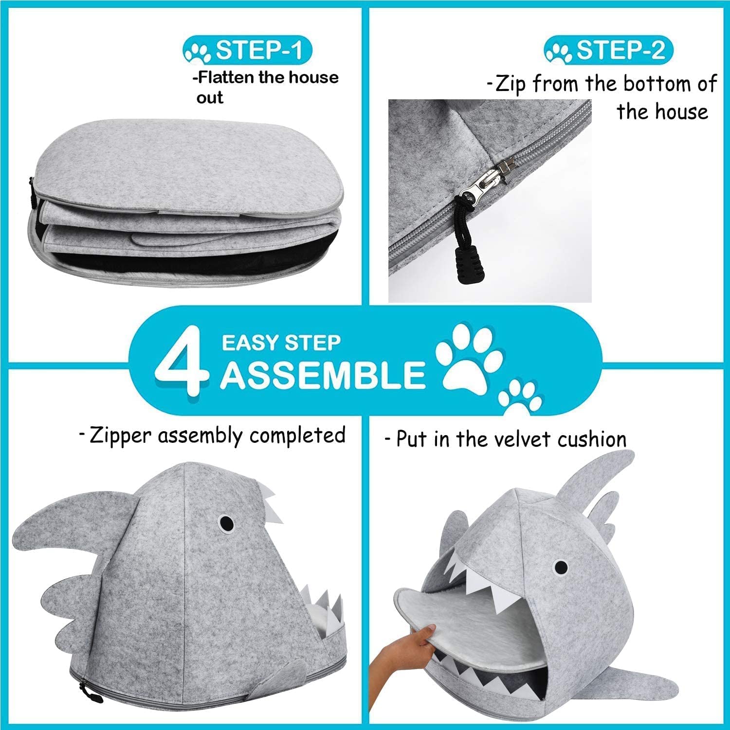 Shark Shape Pet Cave Bed for Cats andSmall Dogs 45 x 45 x 38 cm (Light Grey)-Pet Beds-PEROZ Accessories