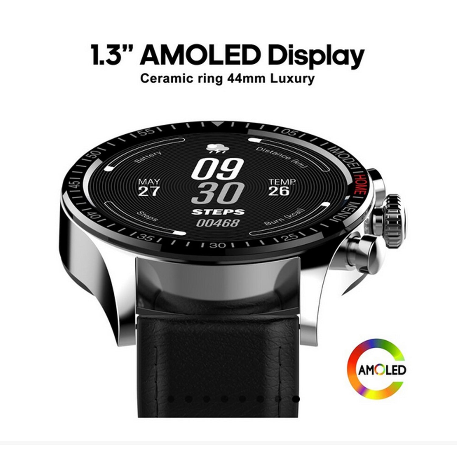 New AMOLED Touch Display Sport Smart Watch 44mm 1.3&quot; HitFit Ceramic Black-Smart Watches-PEROZ Accessories