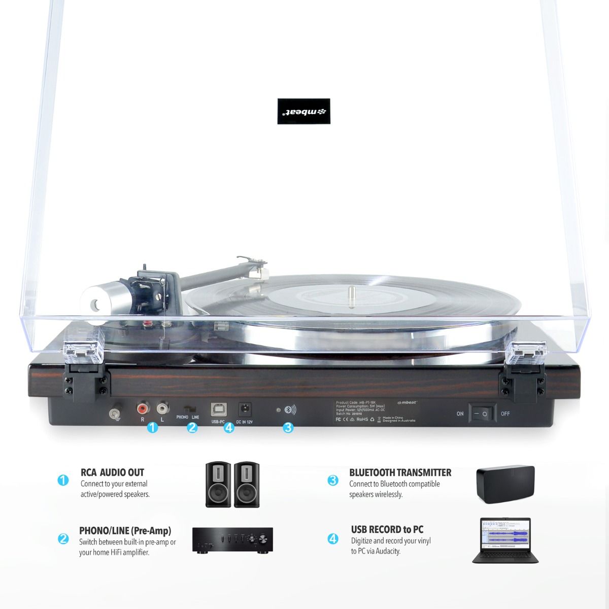 mbeat Hi-Fi Bluetooth Turntable (MMC, USB, Anti-skating, Preamplifier) - Macassar Ebony-Audio & Video > Speakers-PEROZ Accessories