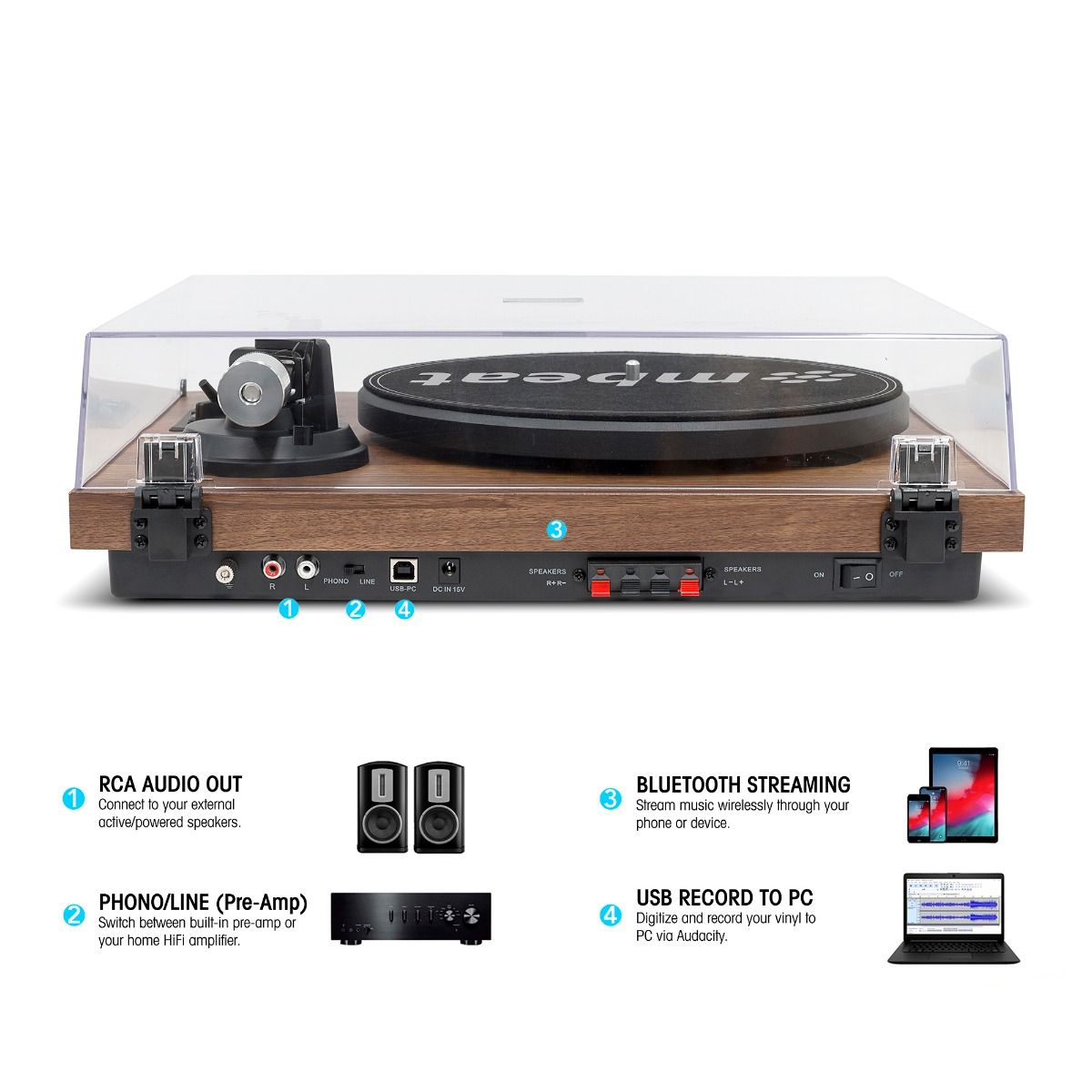 mbeat Hi-Fi Turntable with Bookshelf Speakers and Bluetooth Streaming-Audio & Video > Speakers-PEROZ Accessories