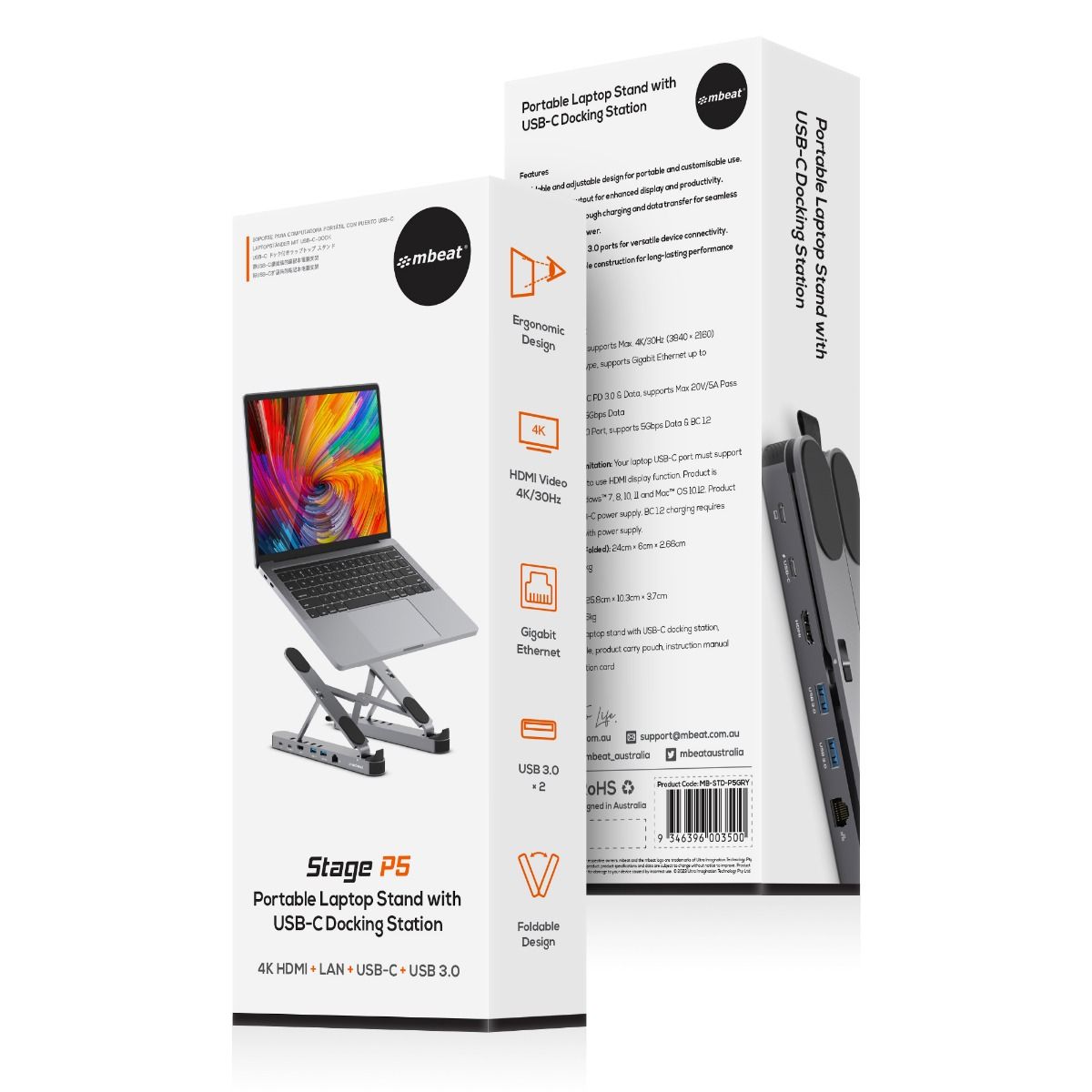 mbeat Stage P5 Portable Laptop Stand with USB-C Docking Station - Space Grey-Electronics > Computer Accessories-PEROZ Accessories