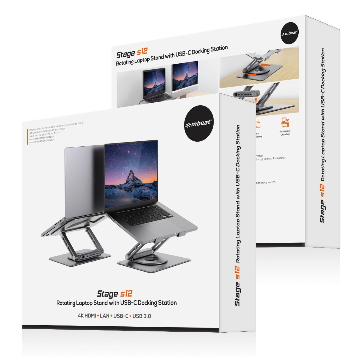 mbeat Stage S12 Rotating Laptop Stand with USB-C Docking Station - Space Grey-Electronics > Computer Accessories-PEROZ Accessories