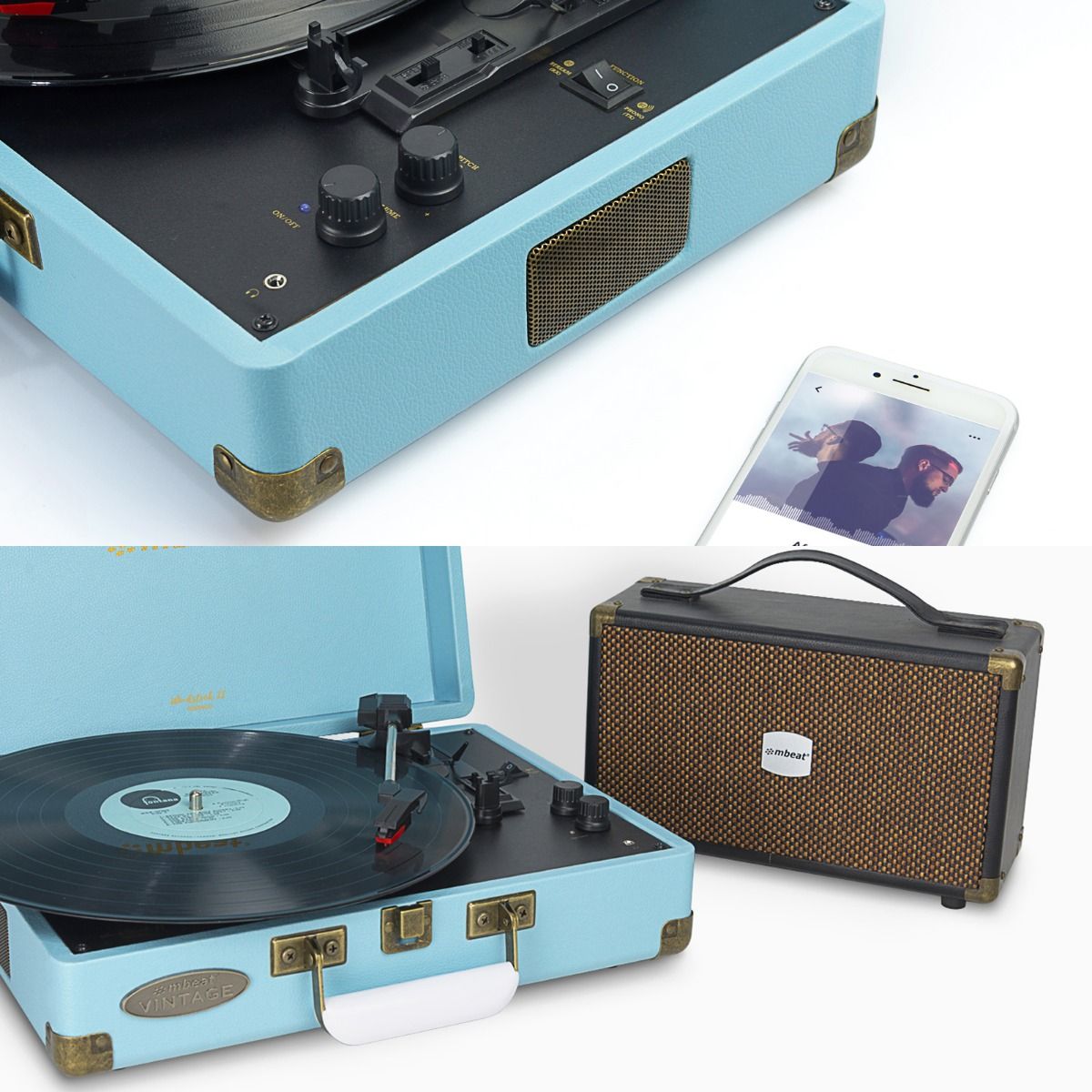 mbeat Woodstock II Sky Blue Retro Bluetooth (TX/RX) Turntable-Audio & Video > Musical Instrument & Accessories-PEROZ Accessories