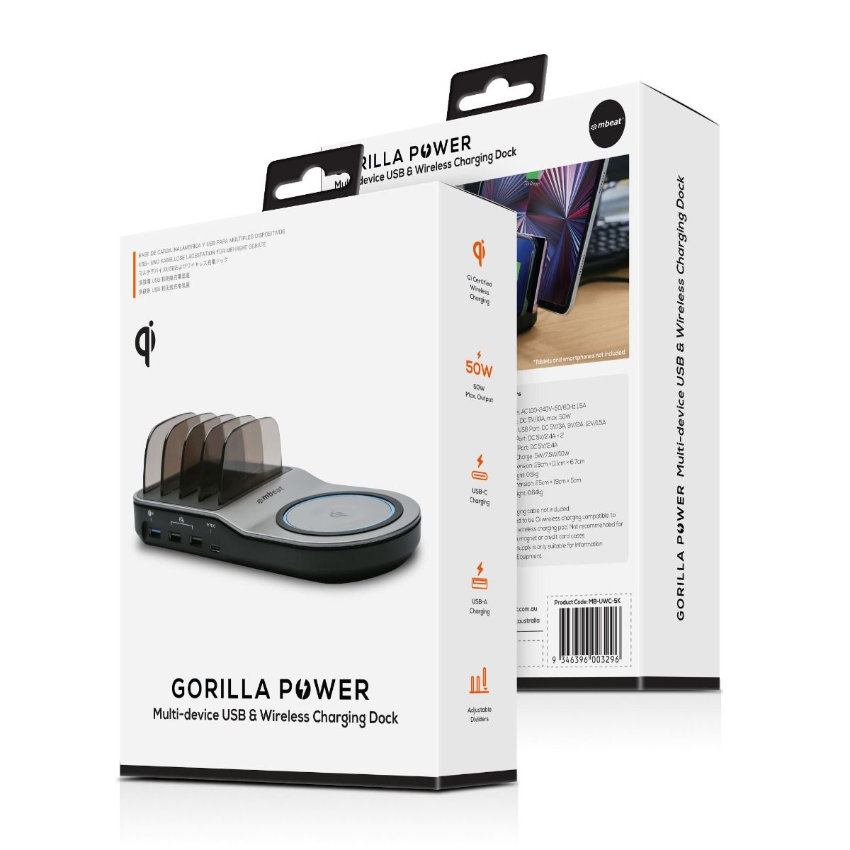 mbeat Gorilla Power 50W Qi Certified Multi-Device USB & Wireless Charging Dock-Electronics > Mobile Accessories-PEROZ Accessories
