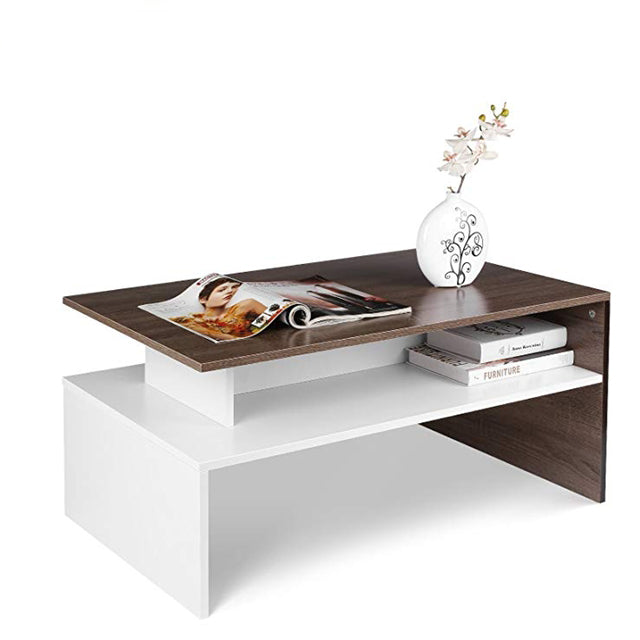 Modern White And Brown Wooden Coffee Table With Shelf-Furniture > Living Room-PEROZ Accessories
