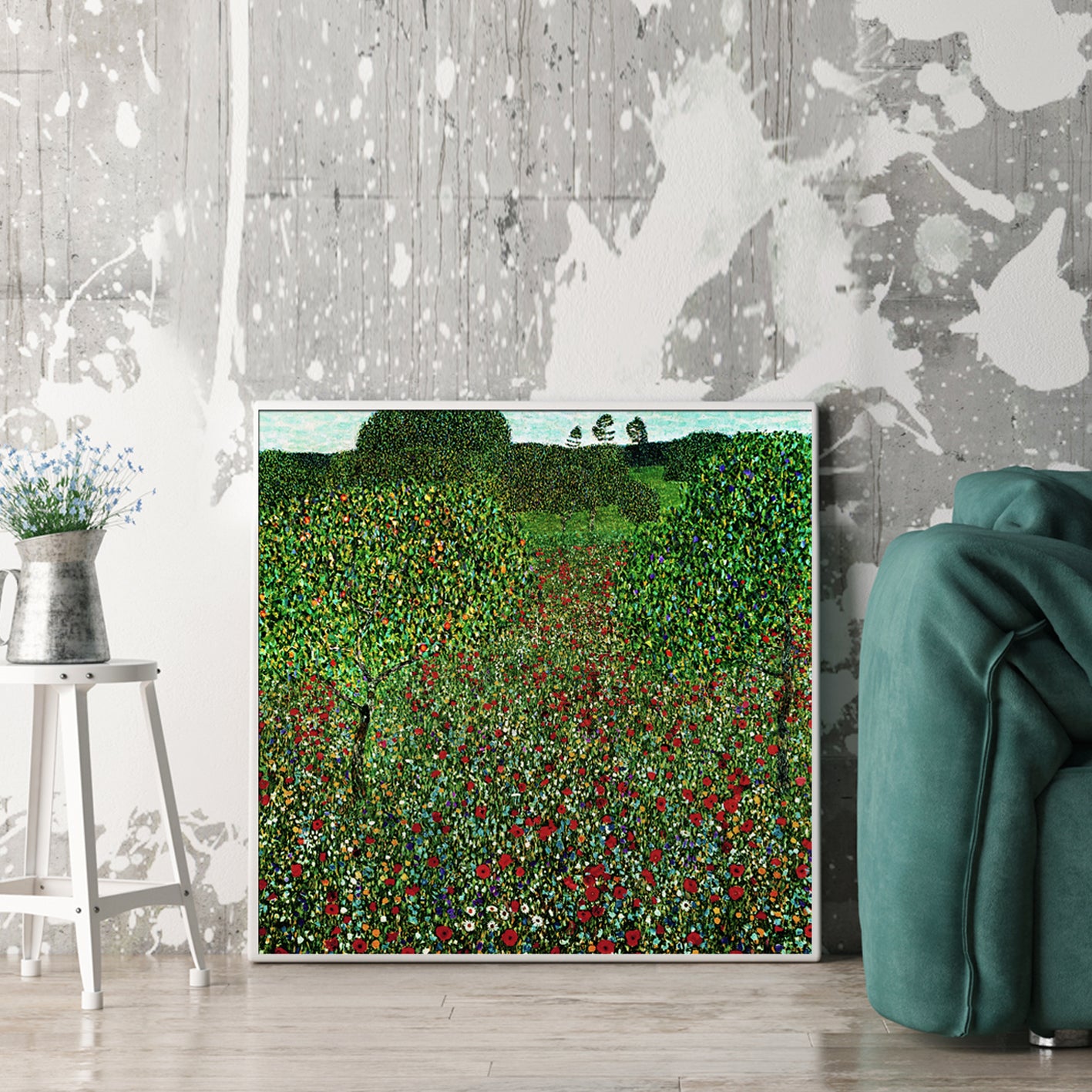 60cmx60cm Field of Poppies by Gustav Klimt White Frame Canvas Wall Art-Home & Garden > Wall Art-PEROZ Accessories