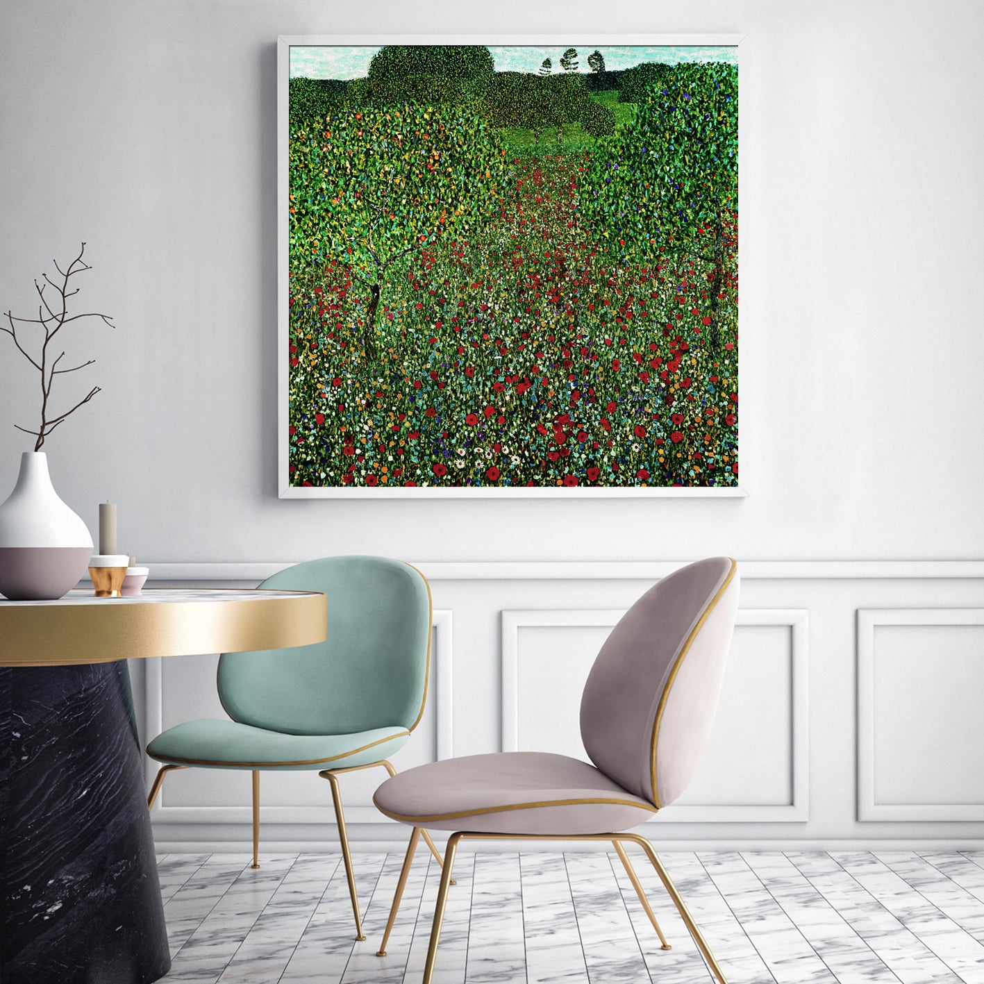 60cmx60cm Field of Poppies by Gustav Klimt White Frame Canvas Wall Art-Home & Garden > Wall Art-PEROZ Accessories