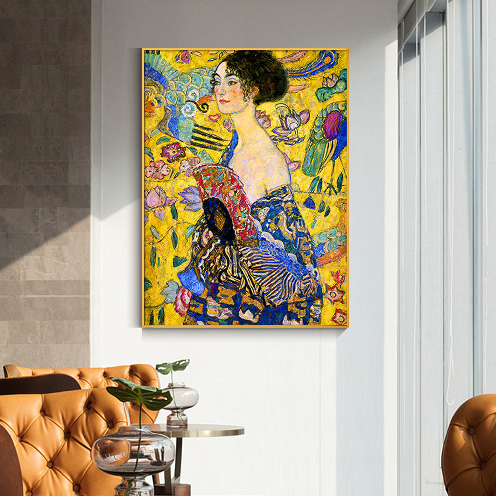 60cmx90cm Lady With A fan By Klimt Gold Frame Canvas Wall Art-Home & Garden > Wall Art-PEROZ Accessories