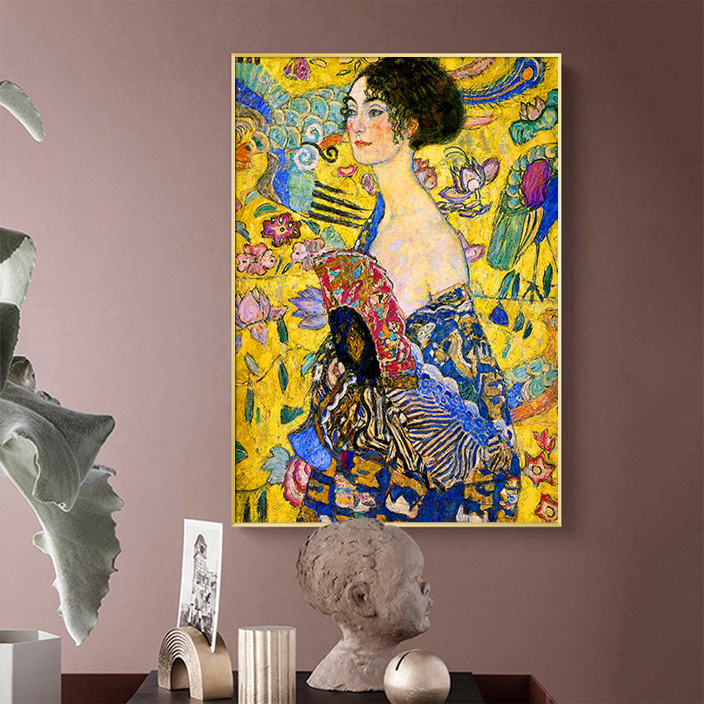 60cmx90cm Lady With A fan By Klimt Gold Frame Canvas Wall Art-Home & Garden > Wall Art-PEROZ Accessories