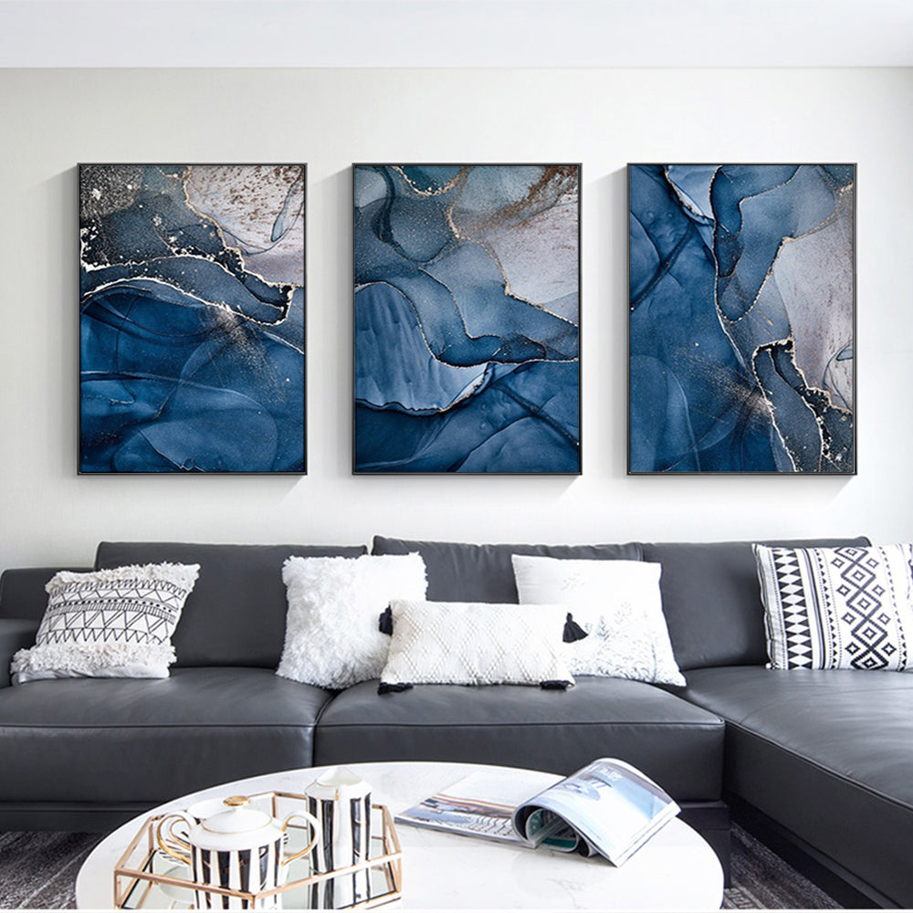 50cmx70cm Blue Gold Marble 3 Sets Black Frame Canvas Wall Art-Home &amp; Garden &gt; Wall Art-PEROZ Accessories