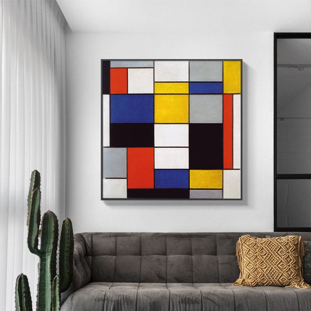 70cmx70cm Large Composition A By Piet Mondrian Black Frame Canvas Wall Art-Home & Garden > Wall Art-PEROZ Accessories